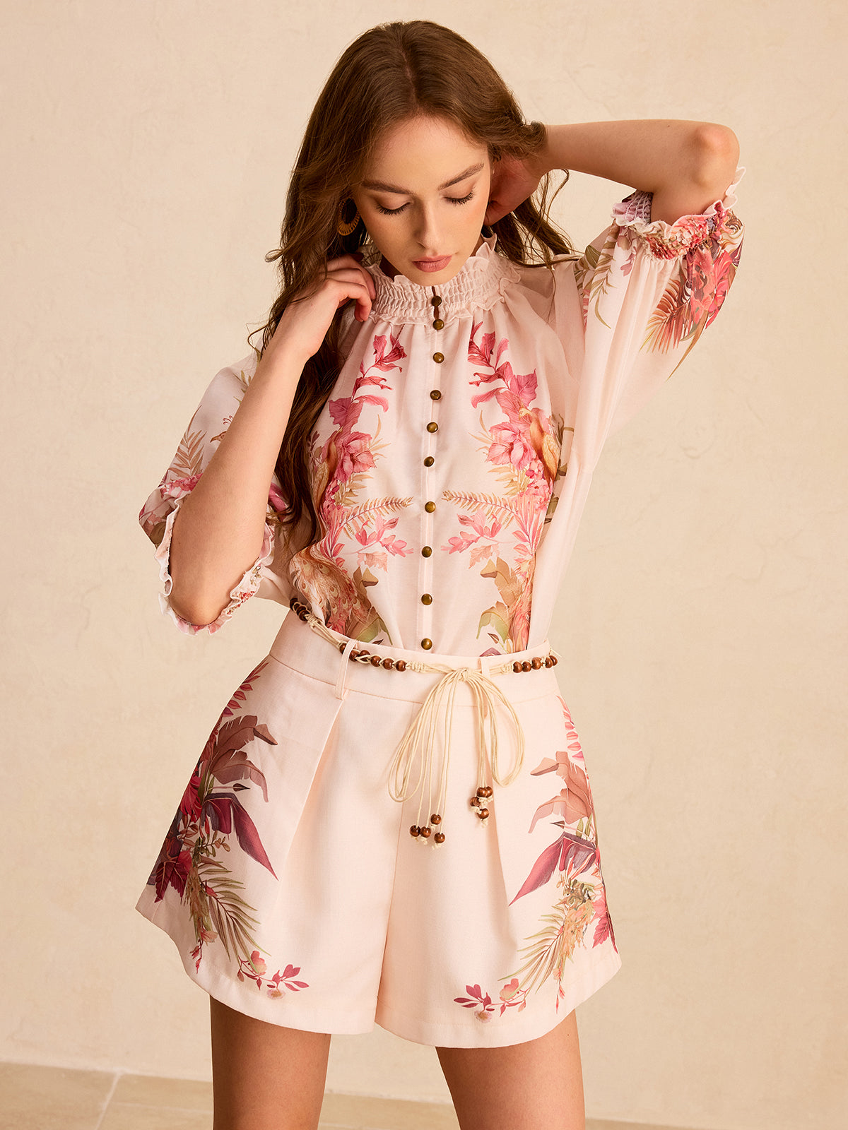 Floral Print Ruffled Mock Neck Blouse-Chicvia