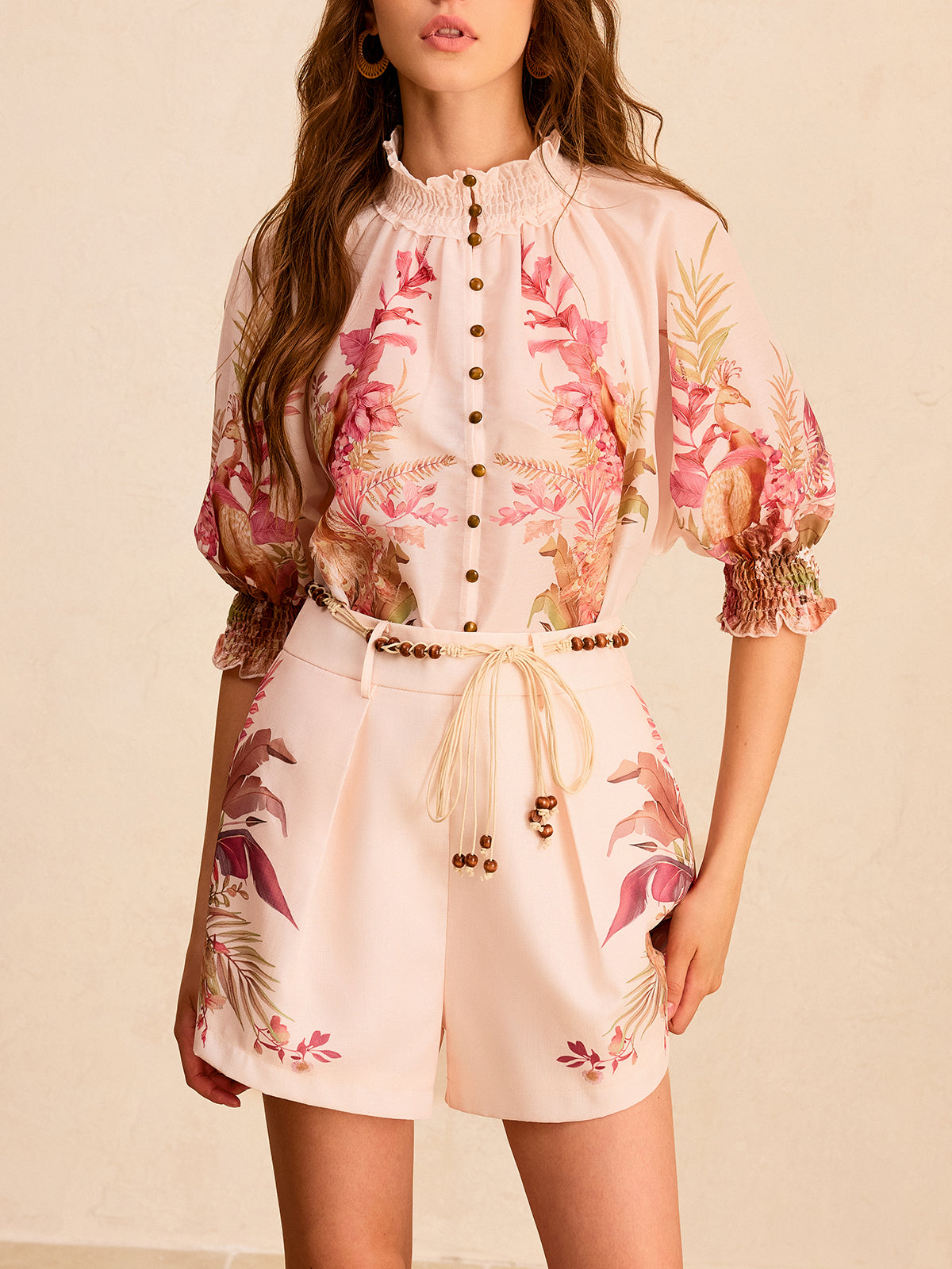 Floral Print Ruffled Mock Neck Blouse-Chicvia