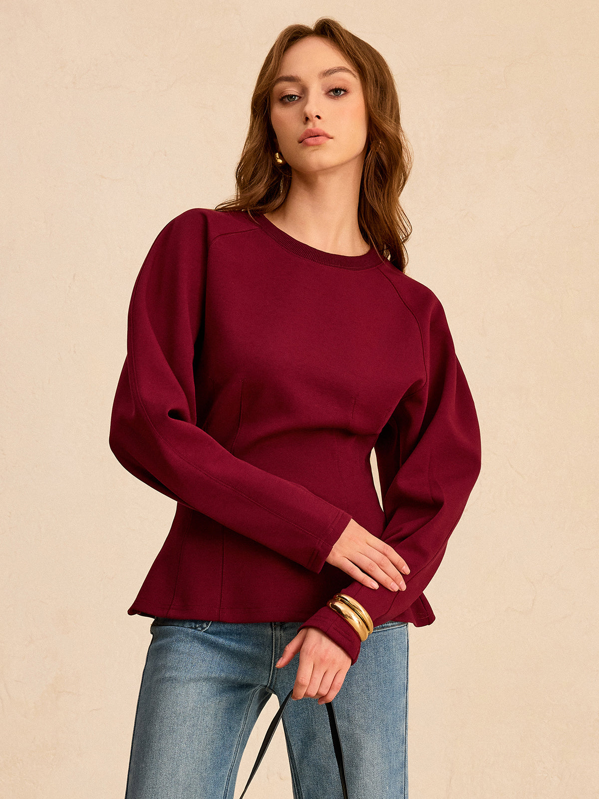 Lantern Sleeve Crew Neck Sweatshirt-Chicvia