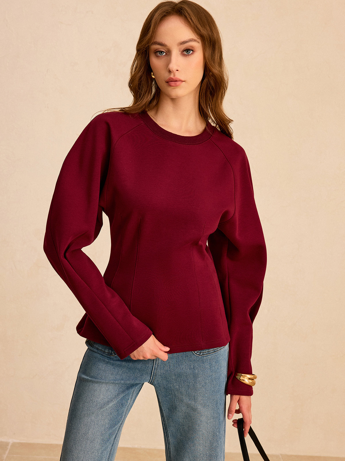 Lantern Sleeve Crew Neck Sweatshirt-Chicvia