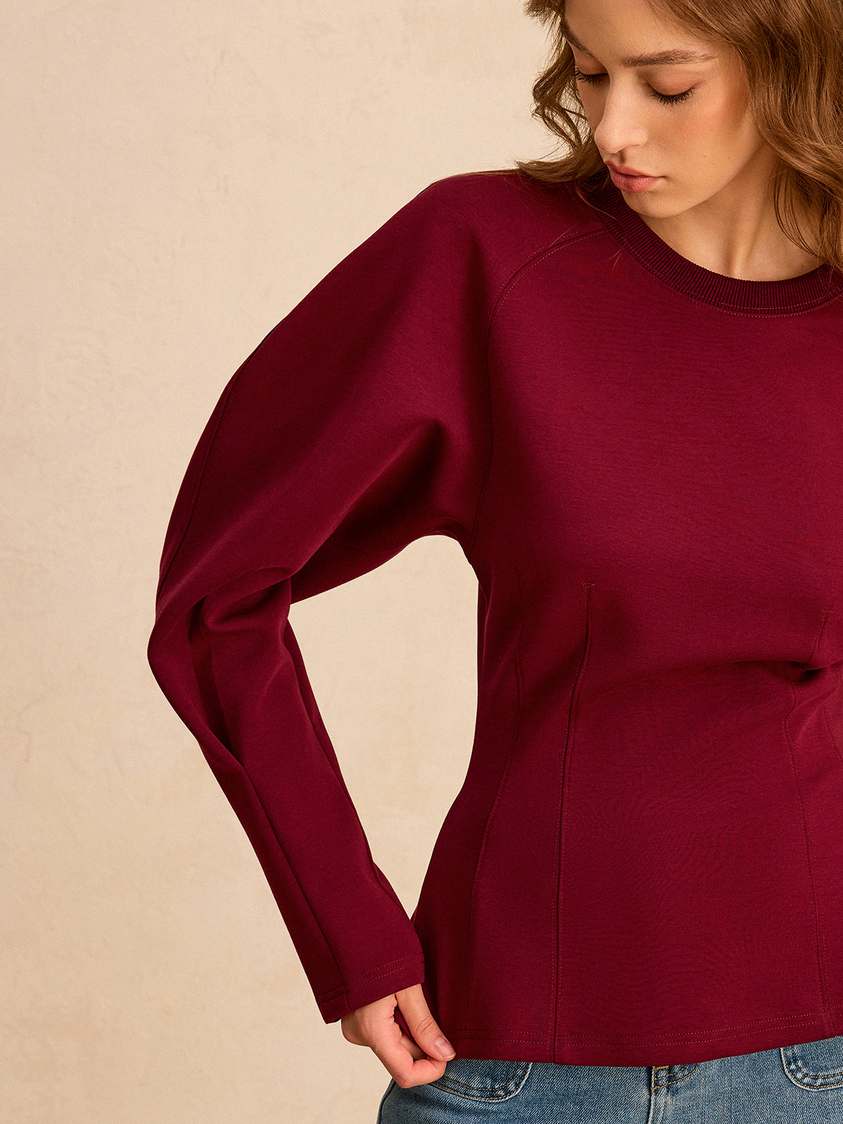 Lantern Sleeve Crew Neck Sweatshirt-Chicvia