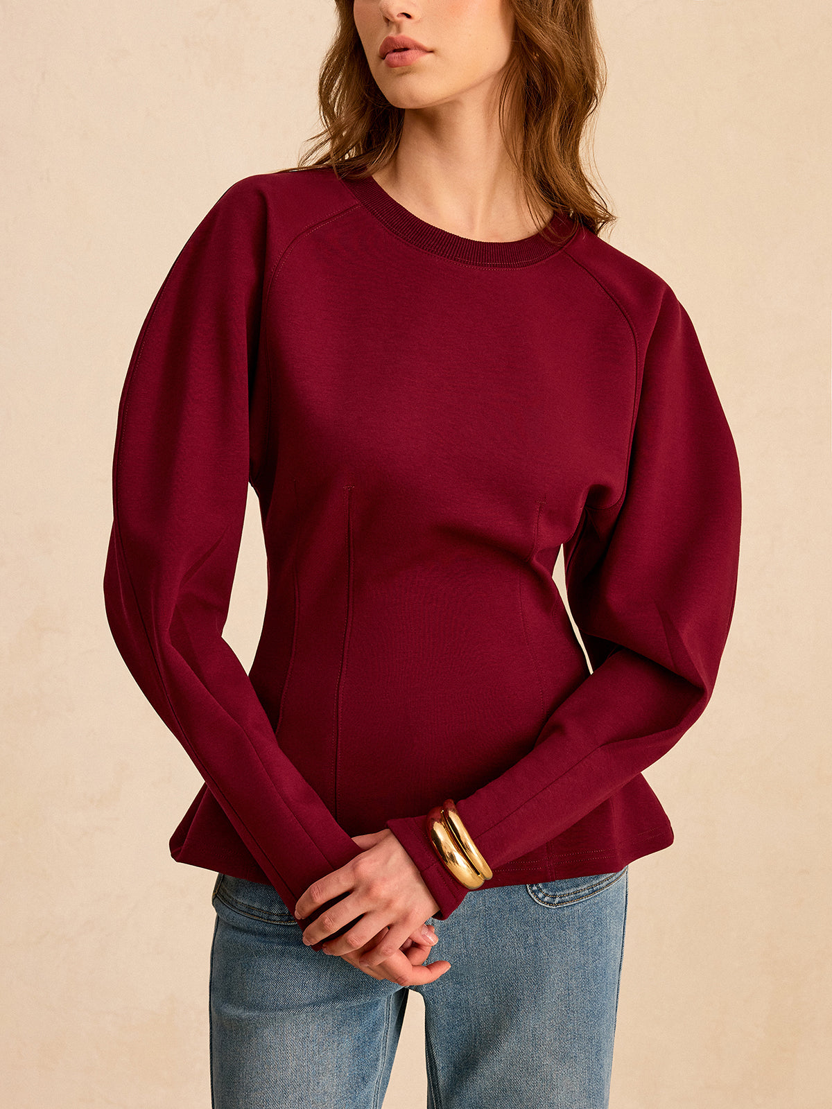 Lantern Sleeve Crew Neck Sweatshirt-Chicvia