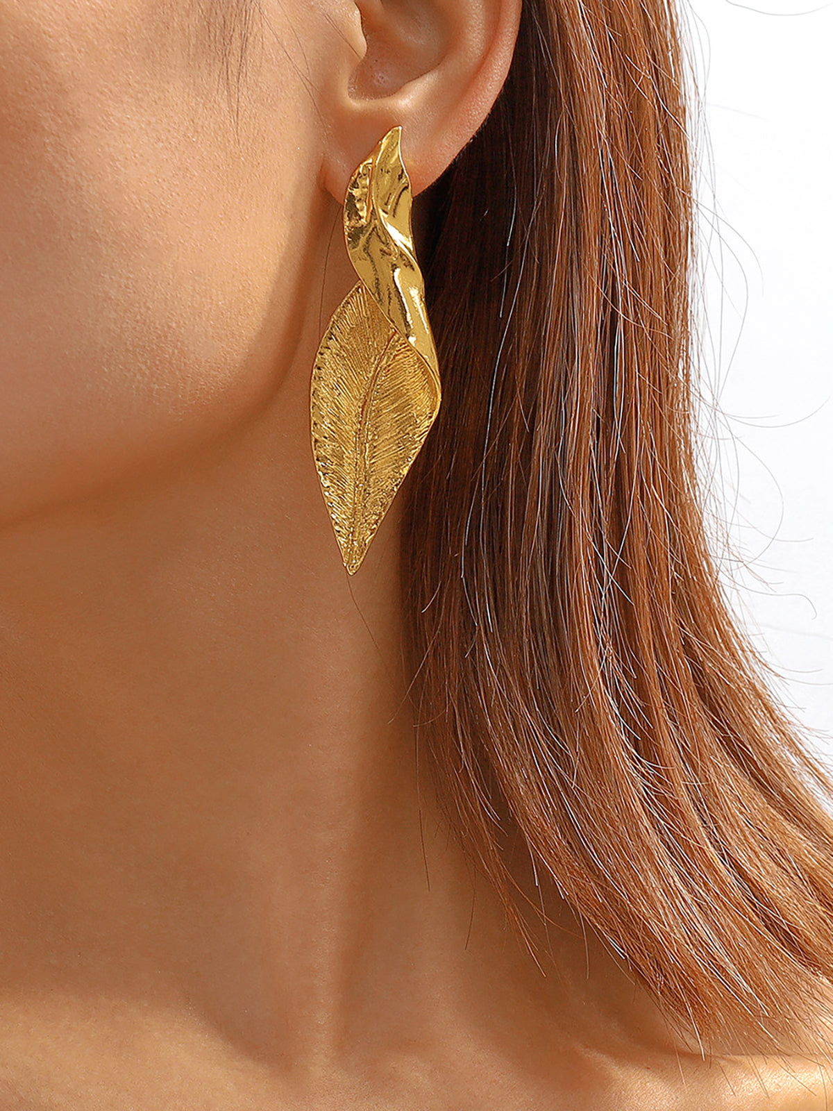 Golden Leaf-Shaped Drop Earrings-Chicvia