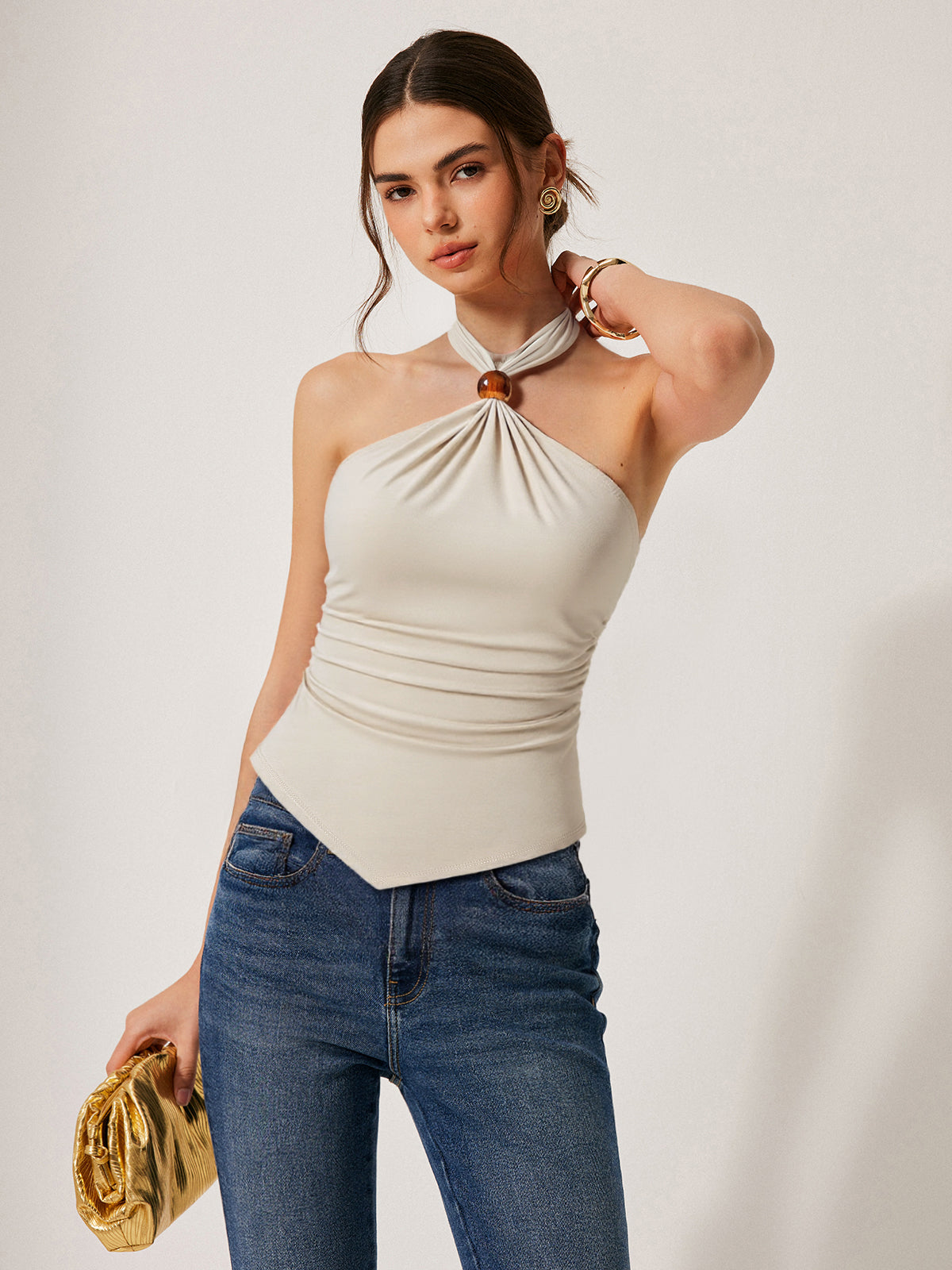 Halter Ruched Top with Bead Detail-Chicvia