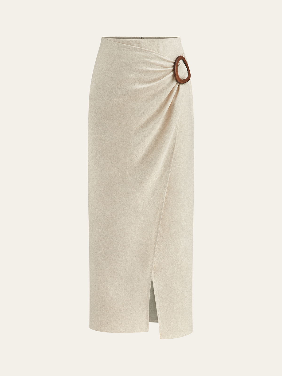 Linen Blend Wrap Midi Skirt with Wooden Buckle-Chicvia