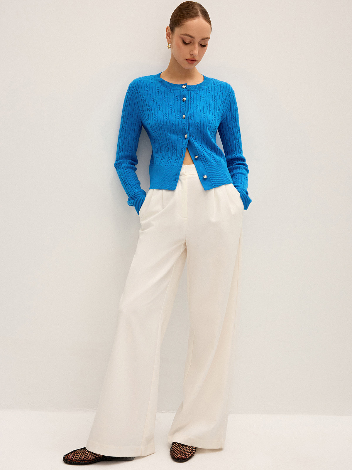 Cable Knit Wool Blend Cardigan-Chicvia