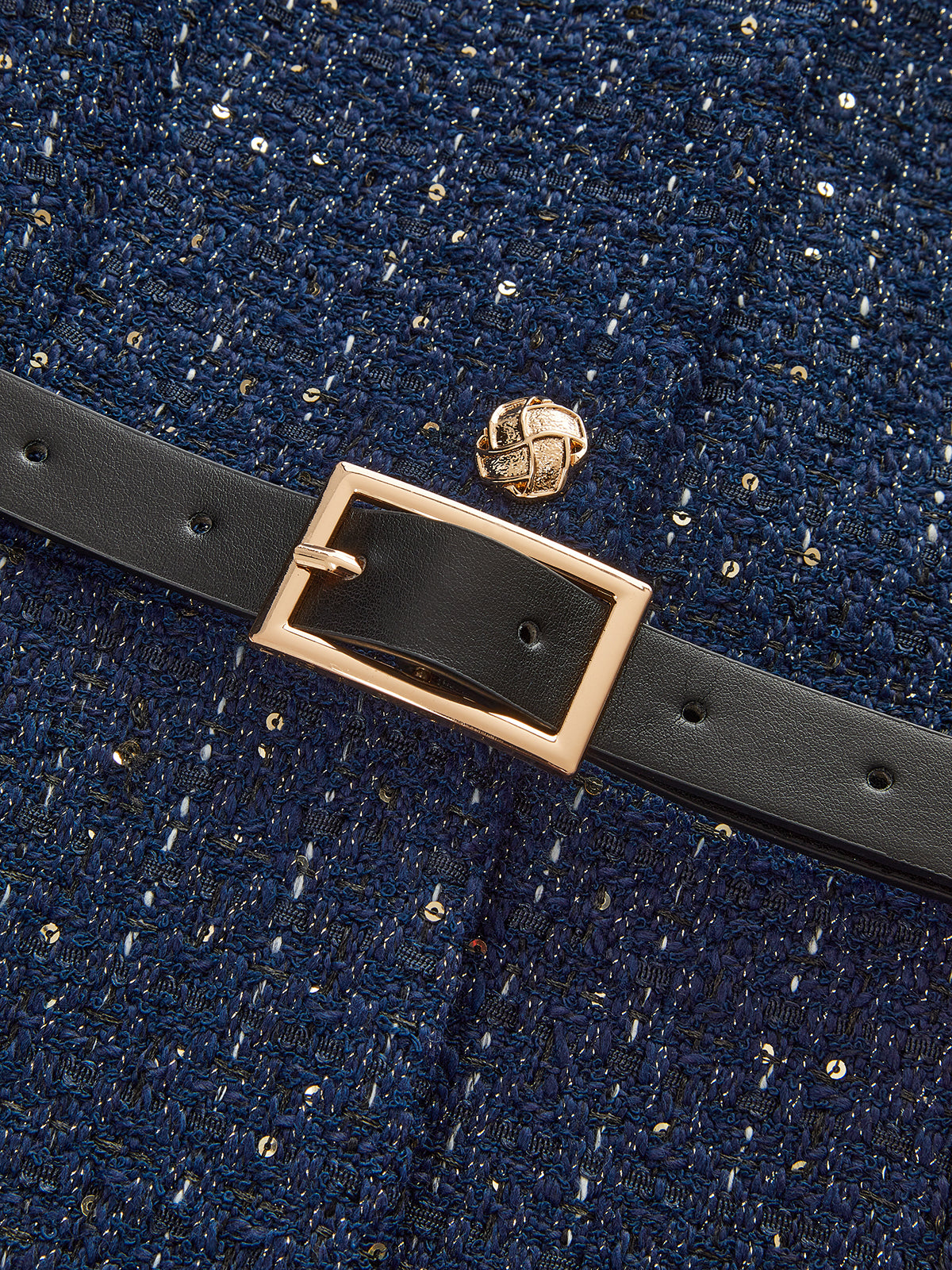 Metal Button Belted Tweed Jacket-Chicvia