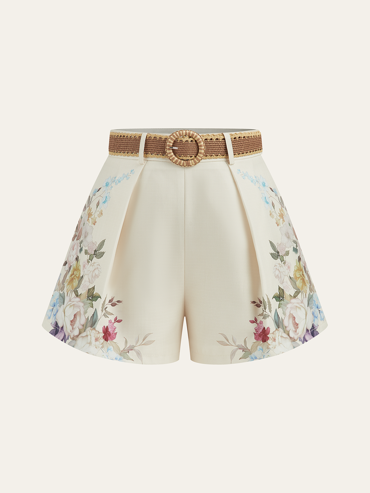 Floral Printed Belted Mid-Waist Shorts-Chicvia