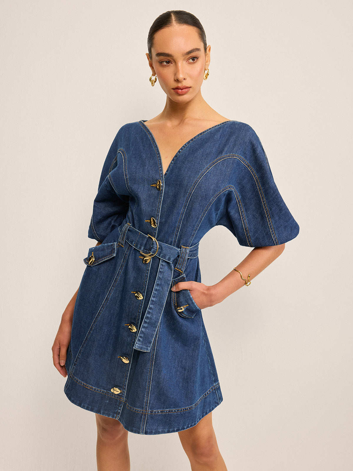 Pocketed Belted Denim Dress-Chicvia
