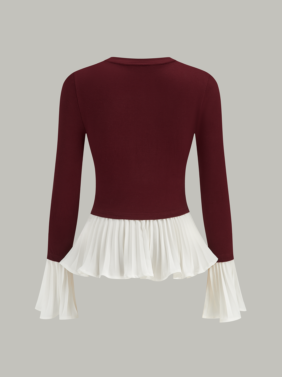 Contrast-Paneled Pleated Peplum T-Shirt-Chicvia