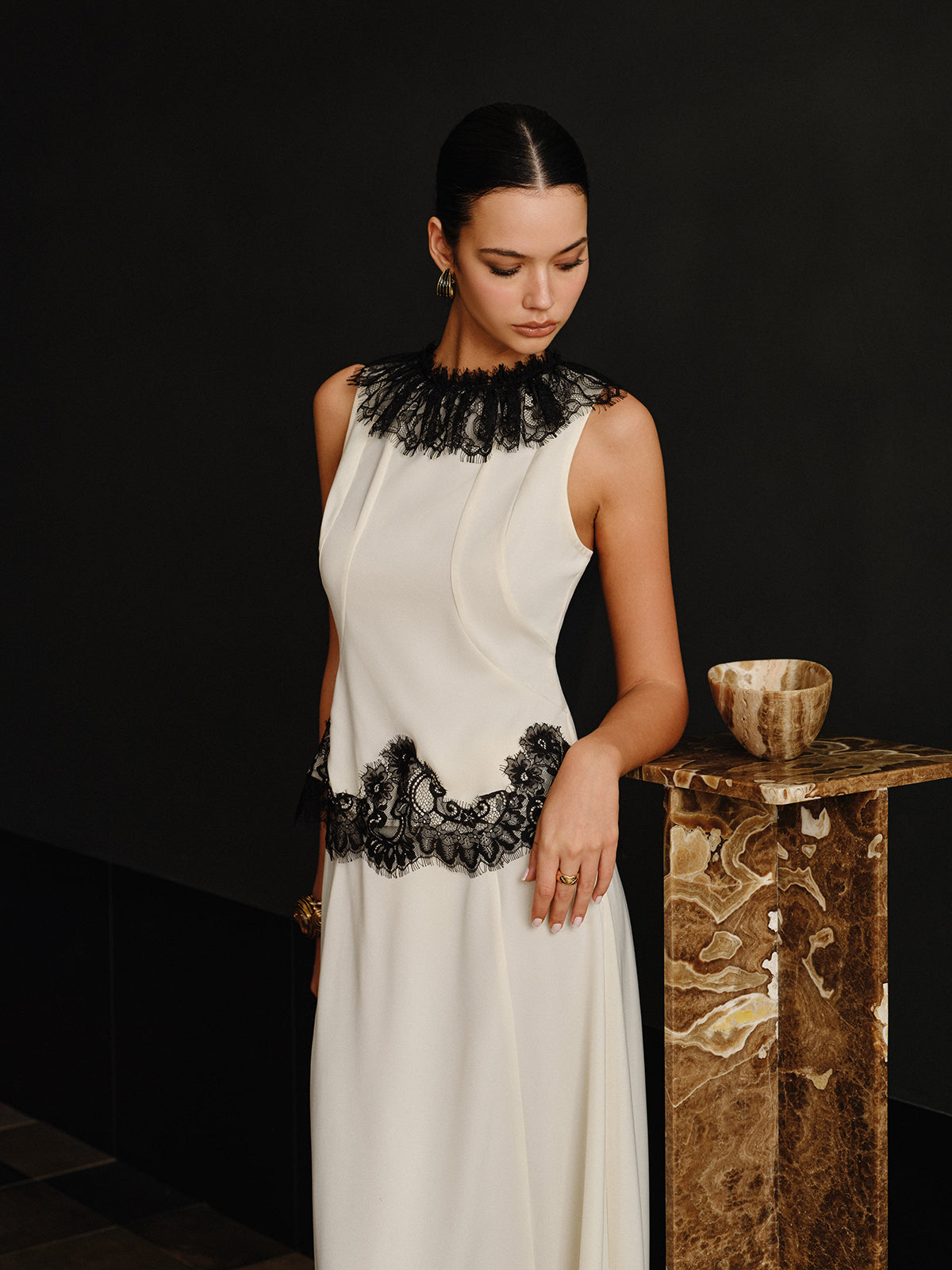 Lace Trim Top and Maxi Skirt Set-Chicvia