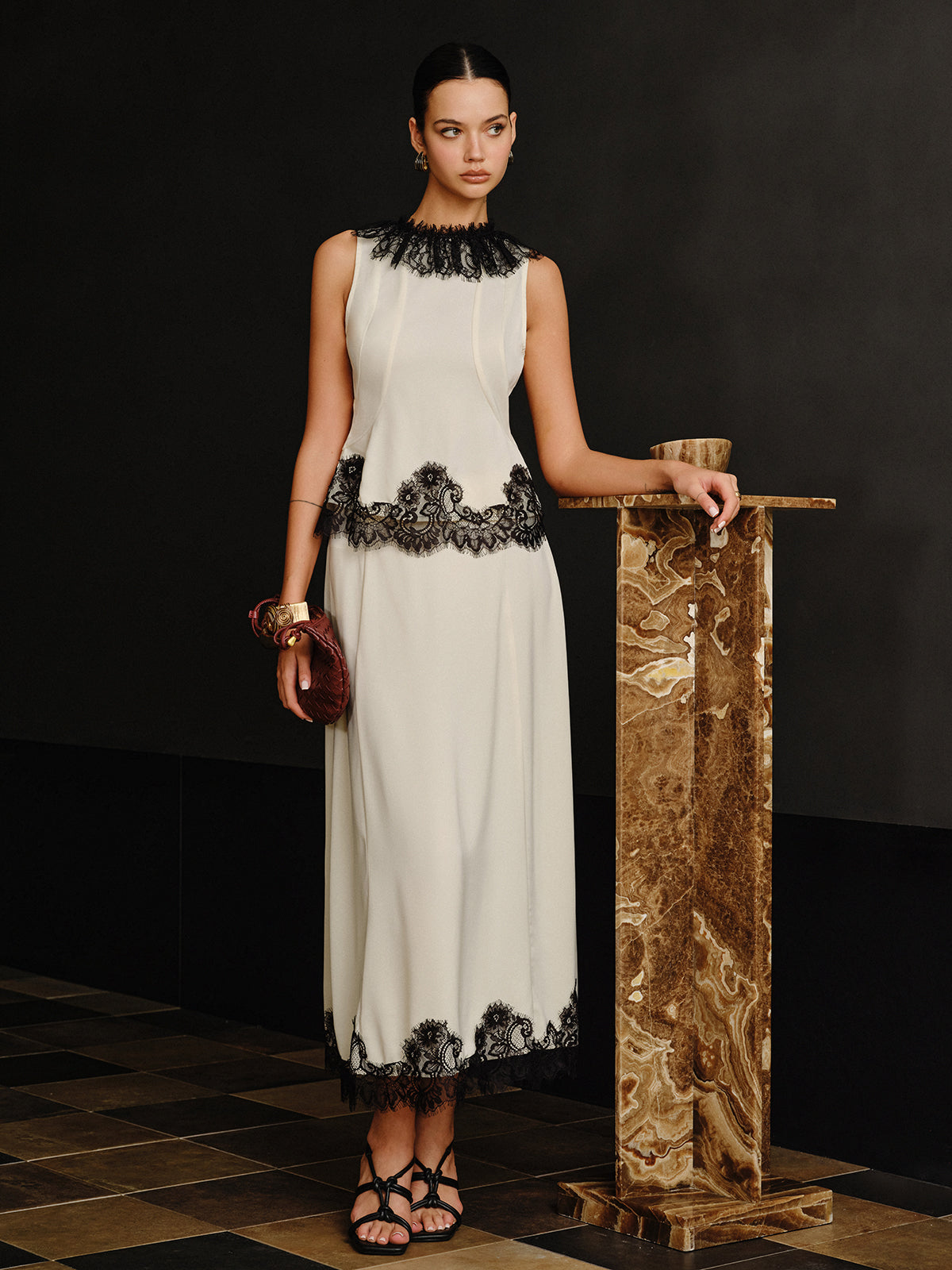 Lace Trim Top and Maxi Skirt Set-Chicvia