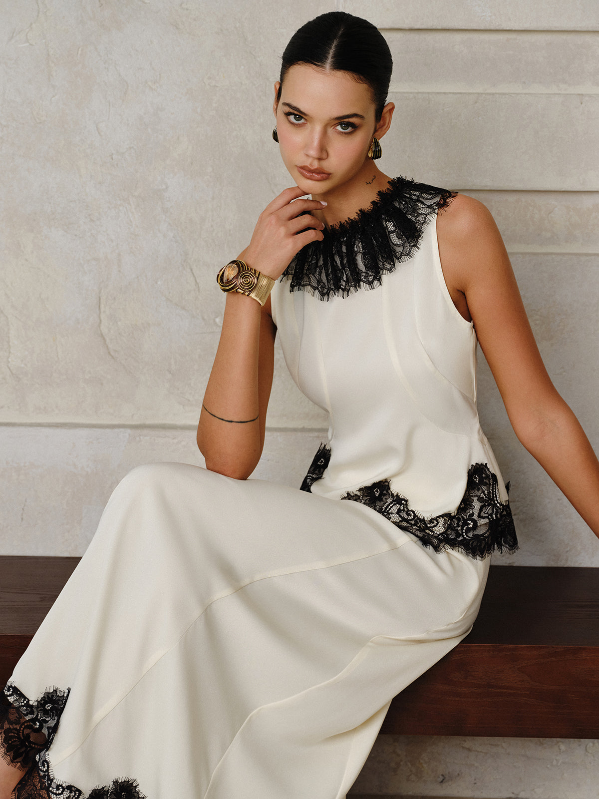 Lace Trim Top and Maxi Skirt Set-Chicvia