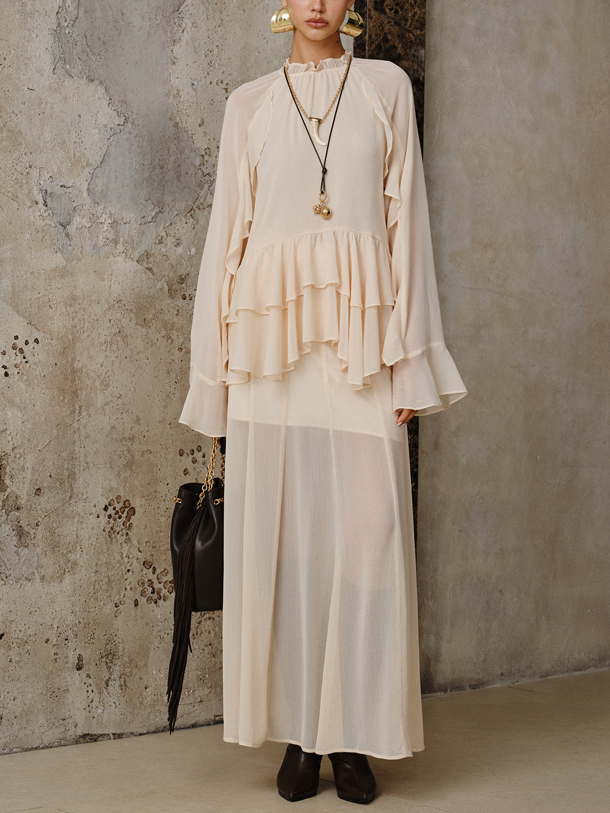 Chiffon Tiered Ruffle Top and Skirt Set-Chicvia