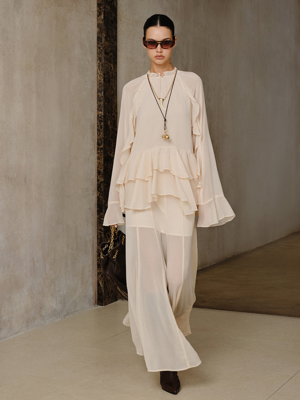 Chiffon Tiered Ruffle Top and Skirt Set-Chicvia