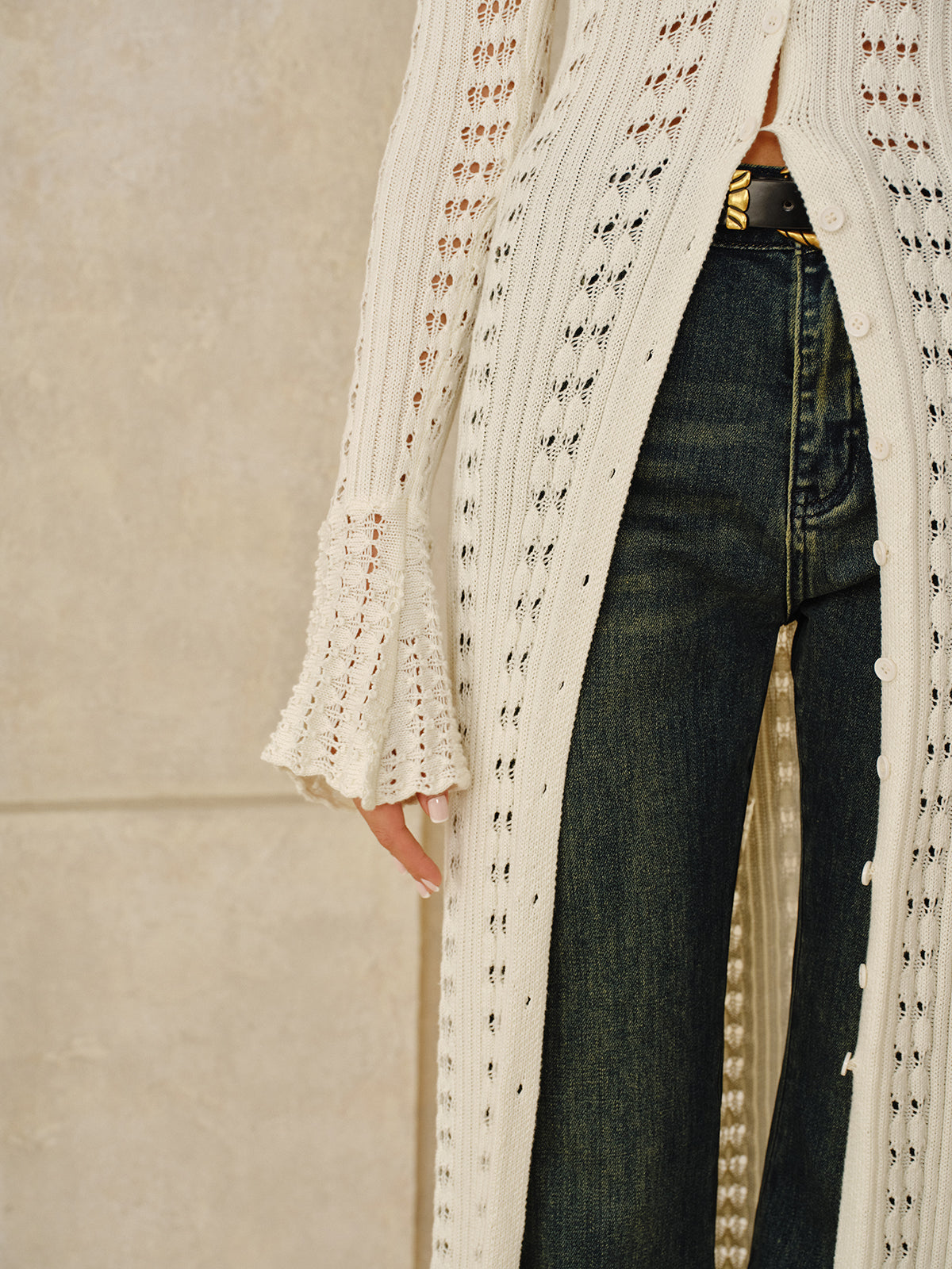 Longline Button Open-Knit Outerwear-Chicvia