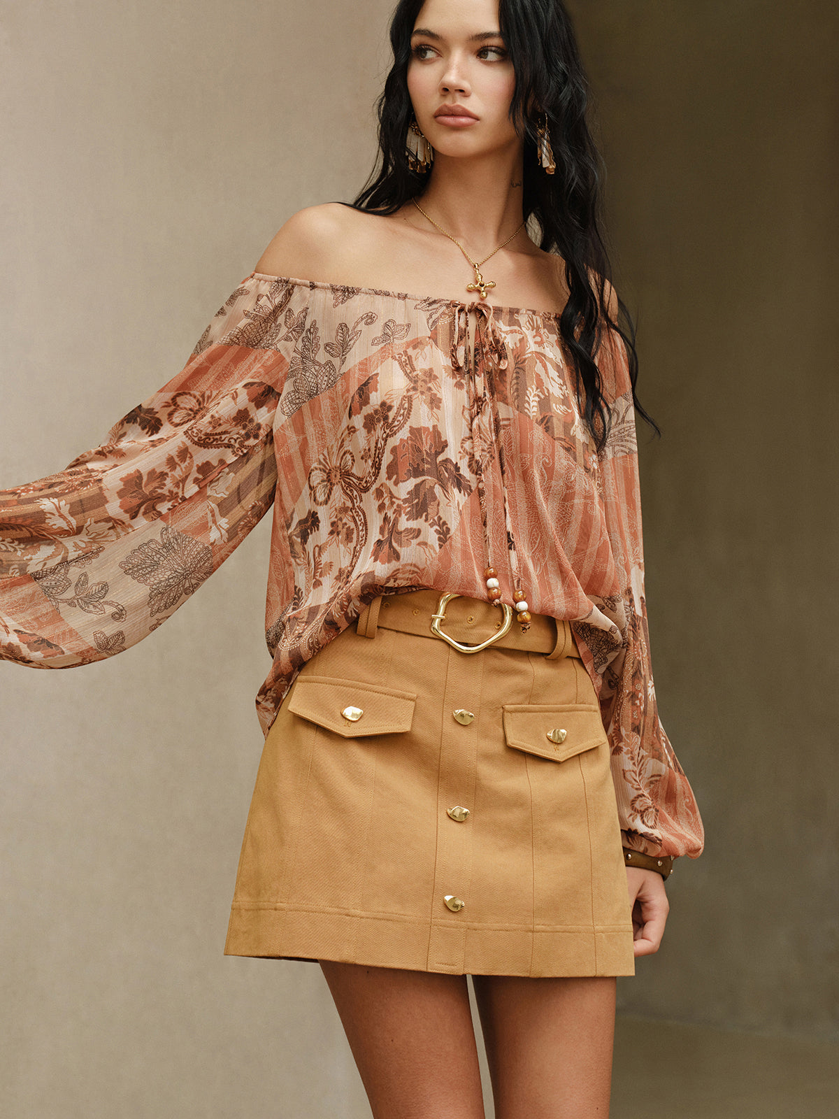 Metal Button Belted Mini Skirt with Decor Pocket-Chicvia