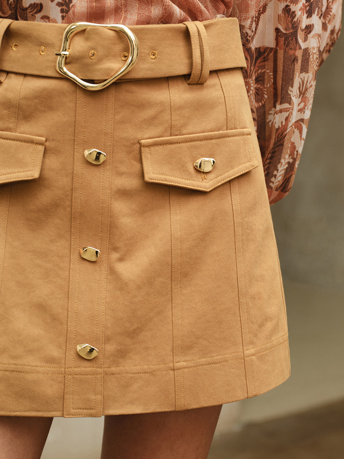 Metal Button Belted Mini Skirt with Decor Pocket-Chicvia