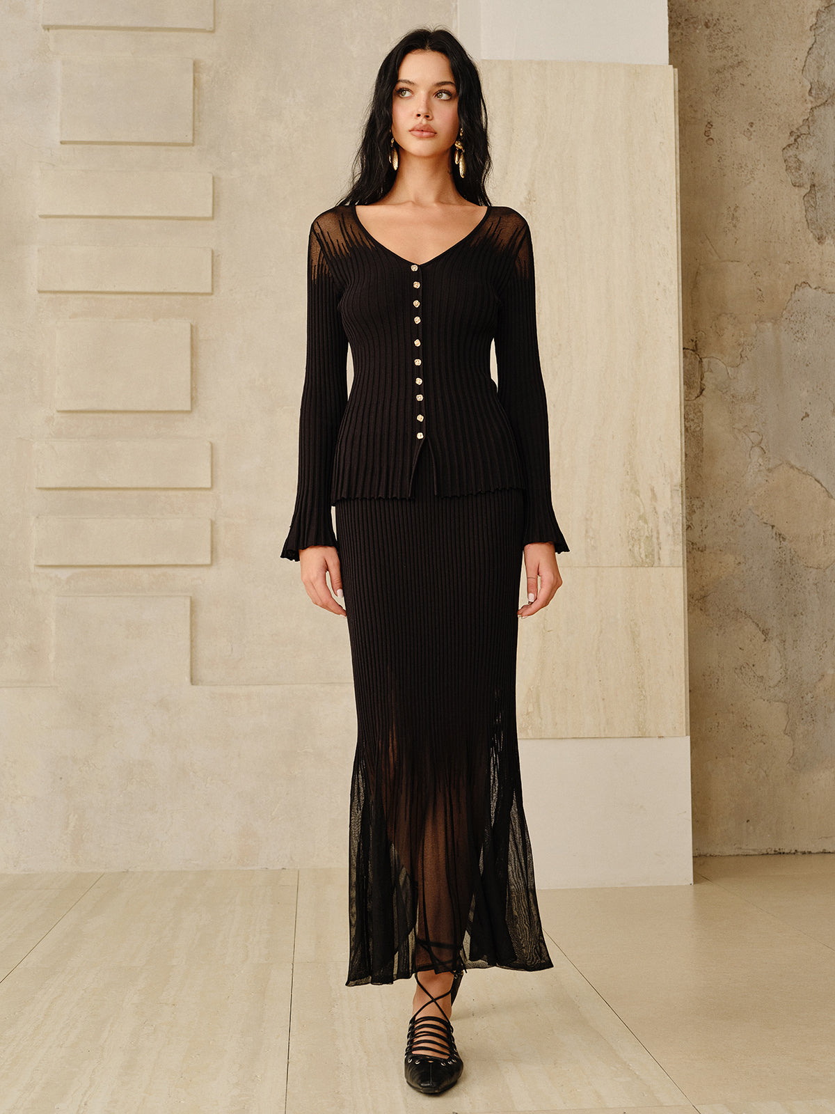 Mesh Hem Ribbed Knit Mermaid Skirt-Chicvia