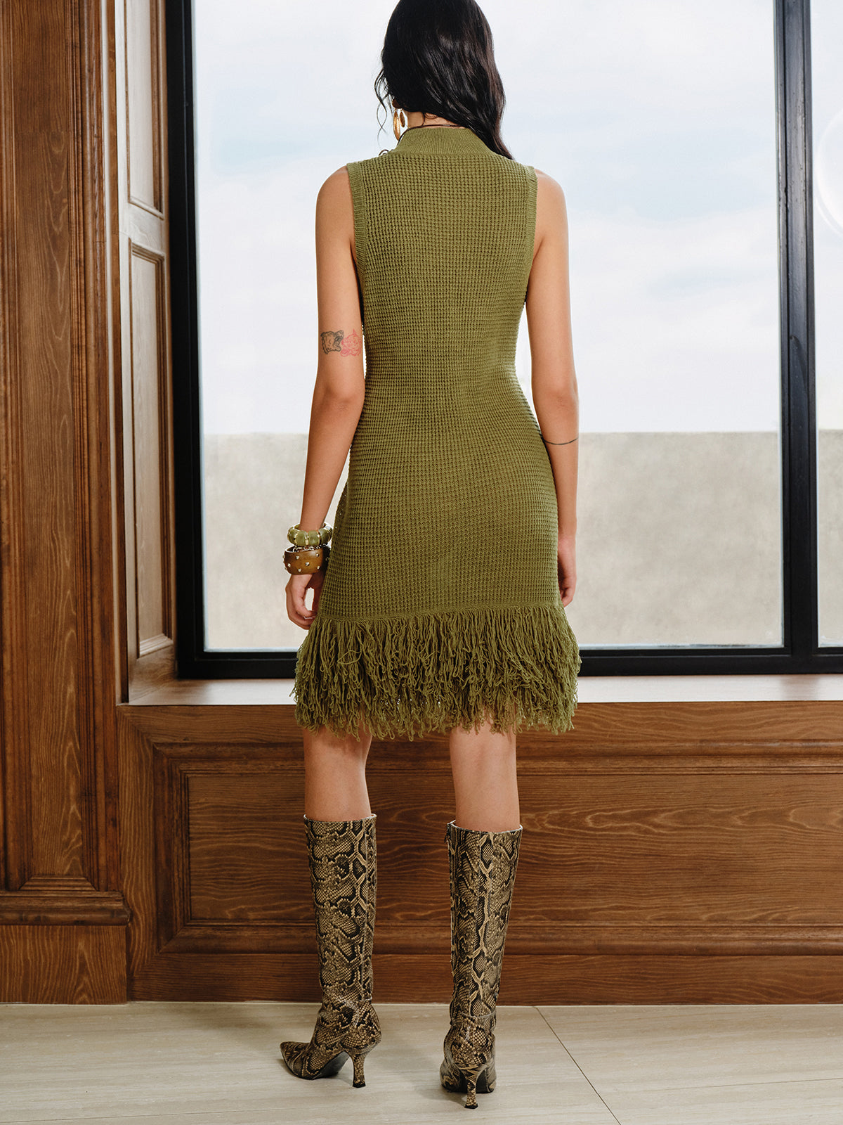 Fringe Hem Sleeveless Knit Dress-Chicvia