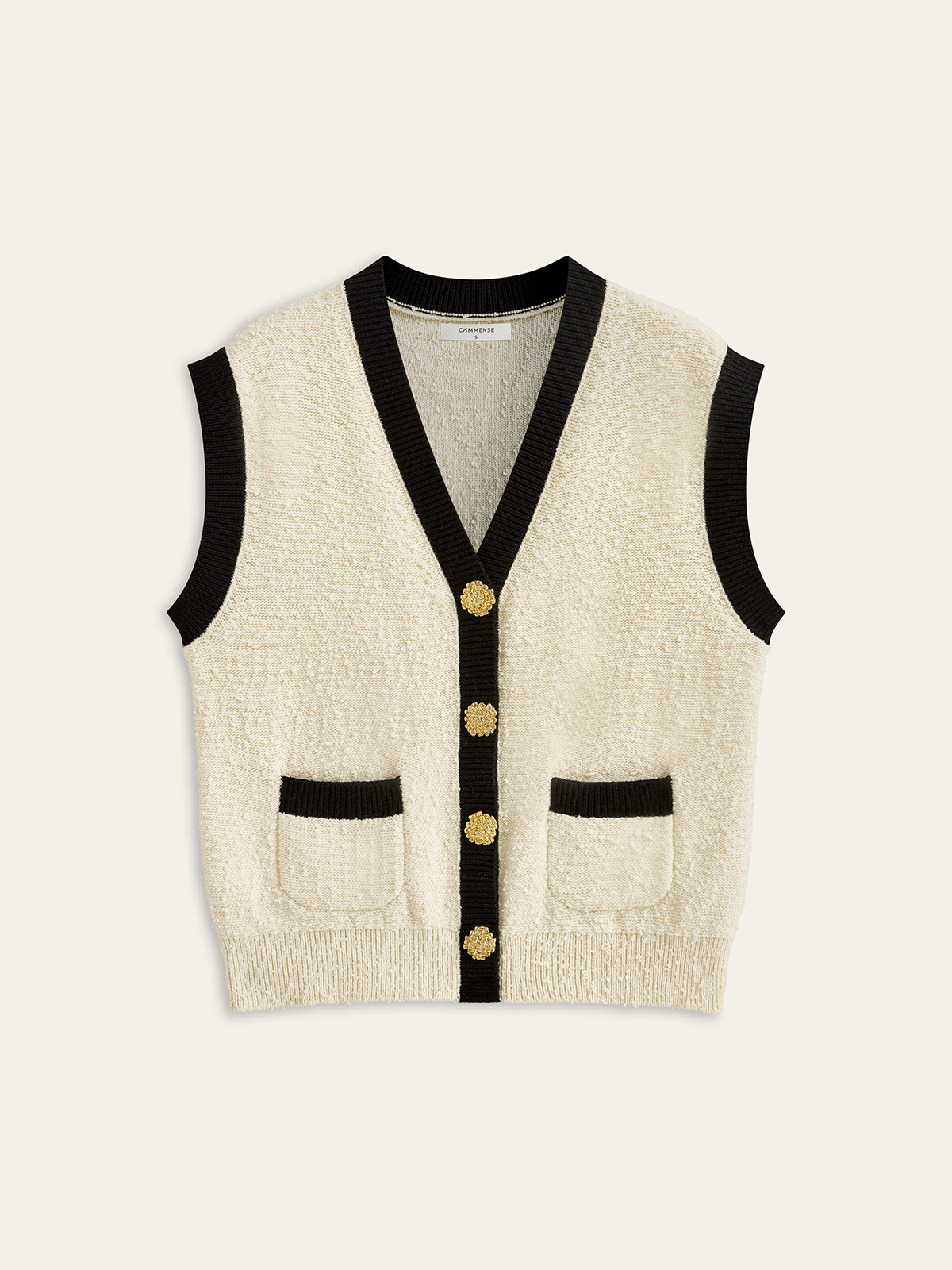 Contrast Trim Metal Button Textured Knit Vest-Chicvia