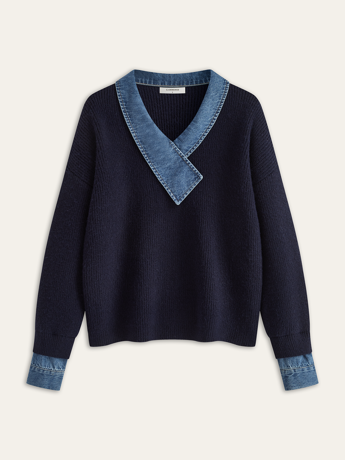 Denim Panel Asymmetric V-Neck Knit Top-Chicvia