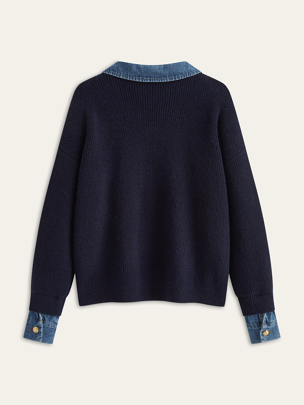 Denim Panel Asymmetric V-Neck Knit Top-Chicvia