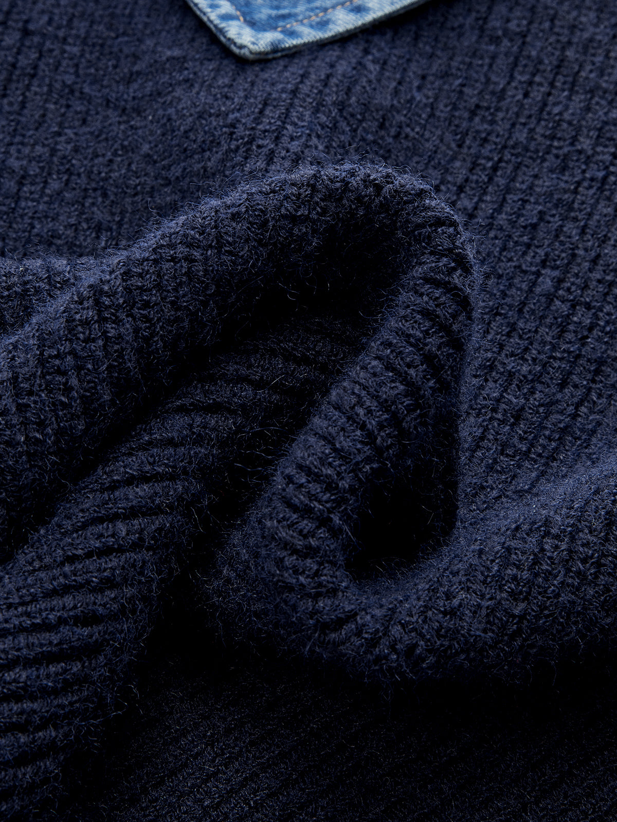 Denim Panel Asymmetric V-Neck Knit Top-Chicvia