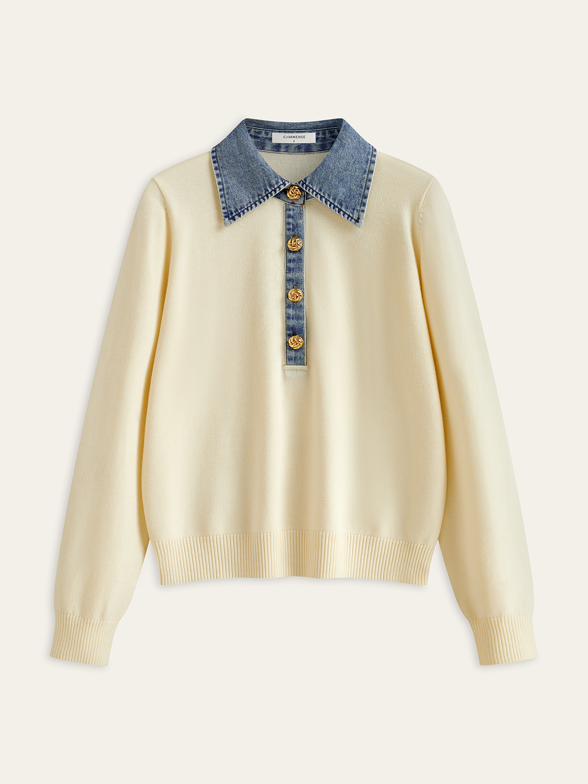 Denim Collar Wool Blend Knit Top-Chicvia