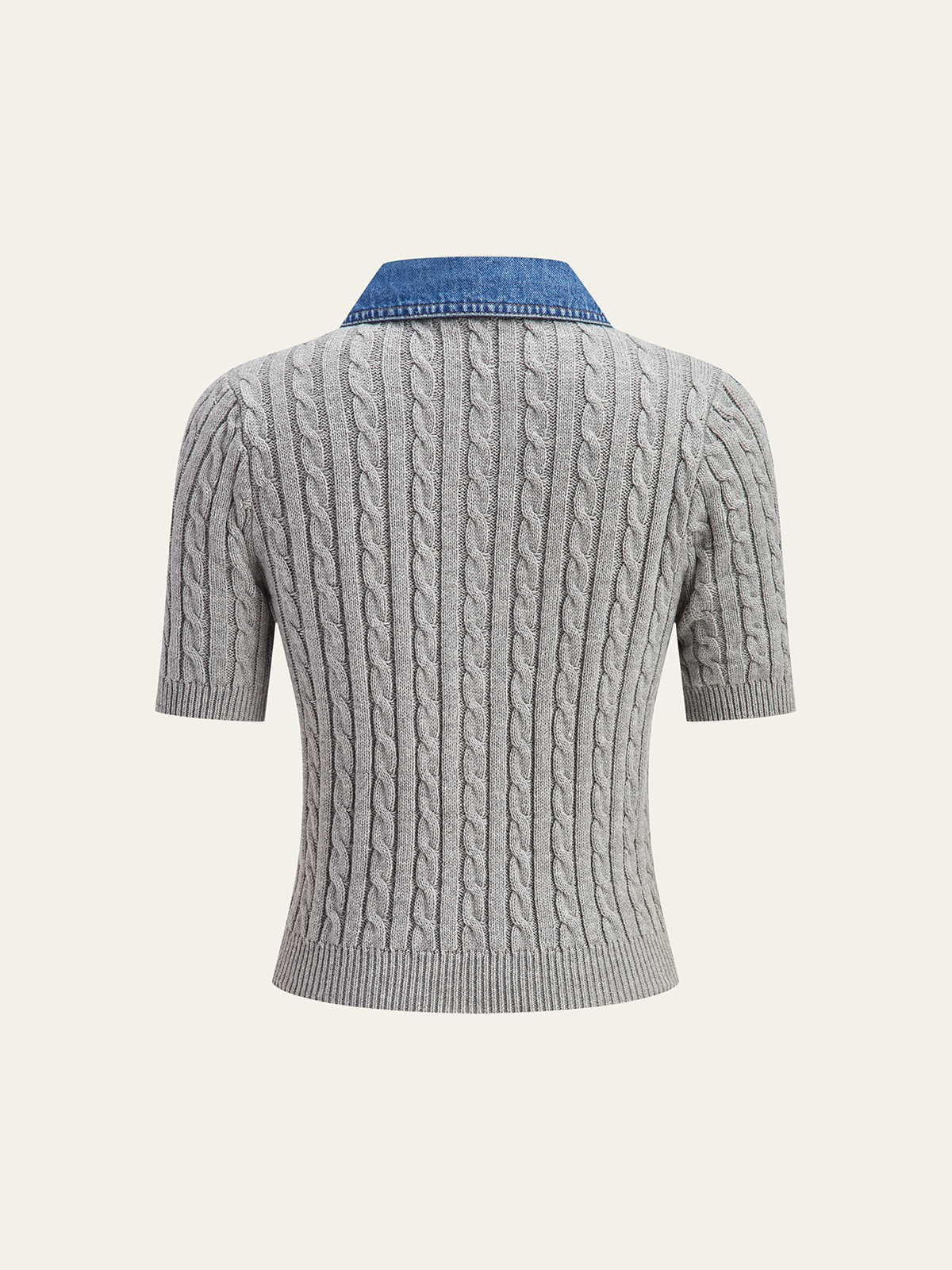 Metal Button Denim Collar Cable-Knit Top-Chicvia