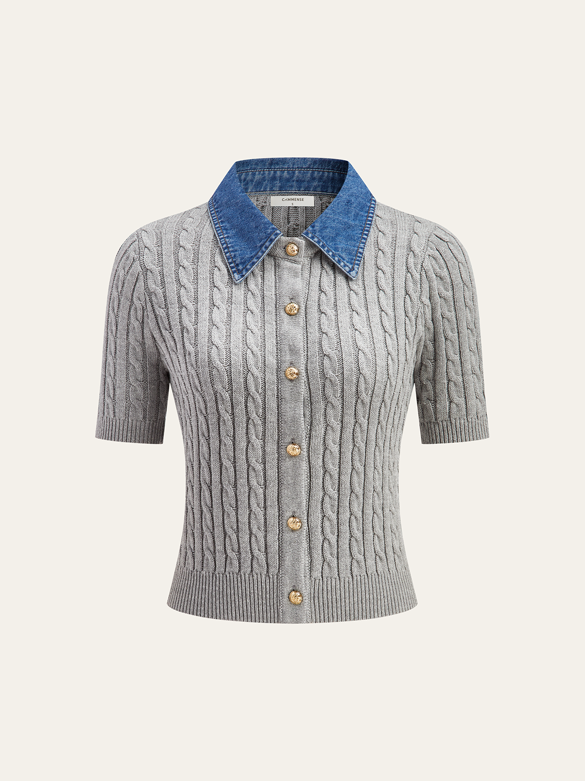 Metal Button Denim Collar Cable-Knit Top-Chicvia