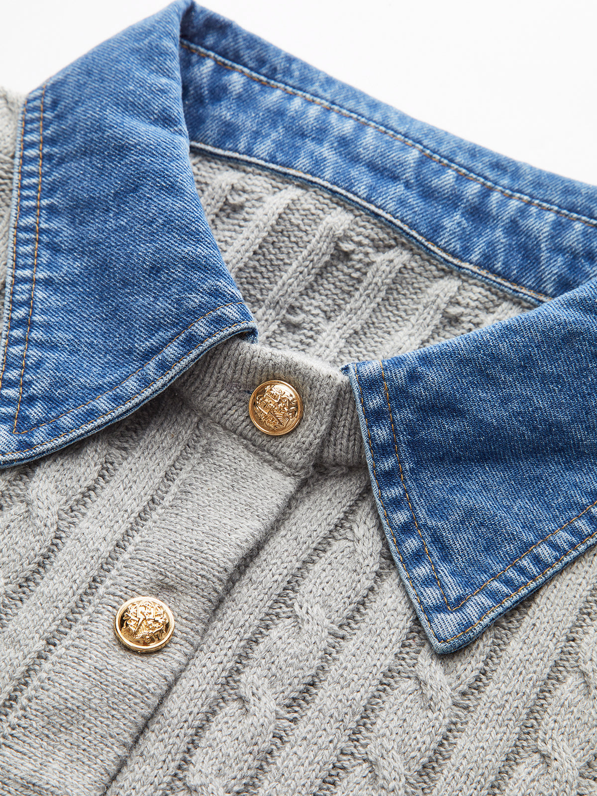 Metal Button Denim Collar Cable-Knit Top-Chicvia