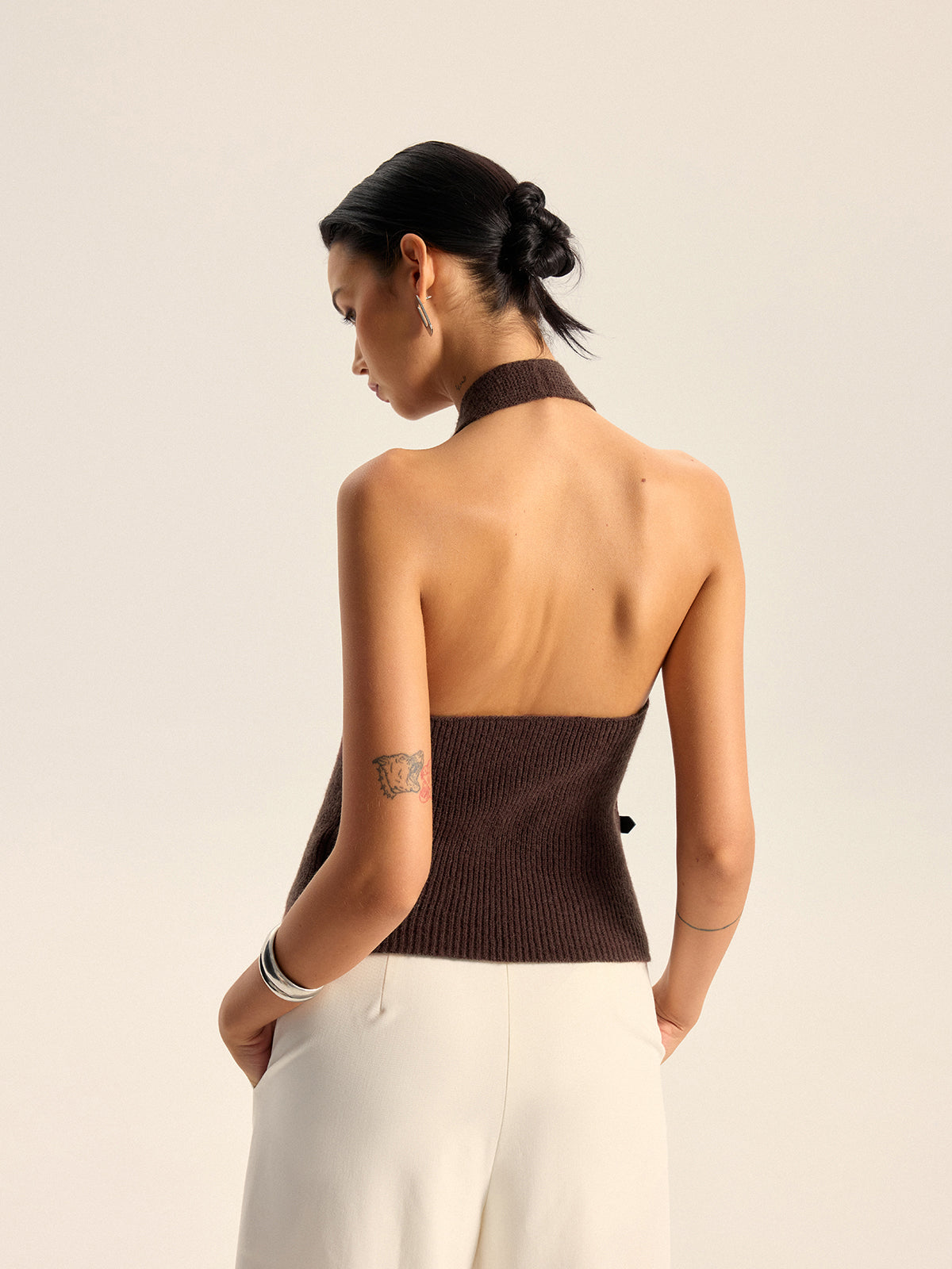 Halter Neck Backless Knit Top-Chicvia