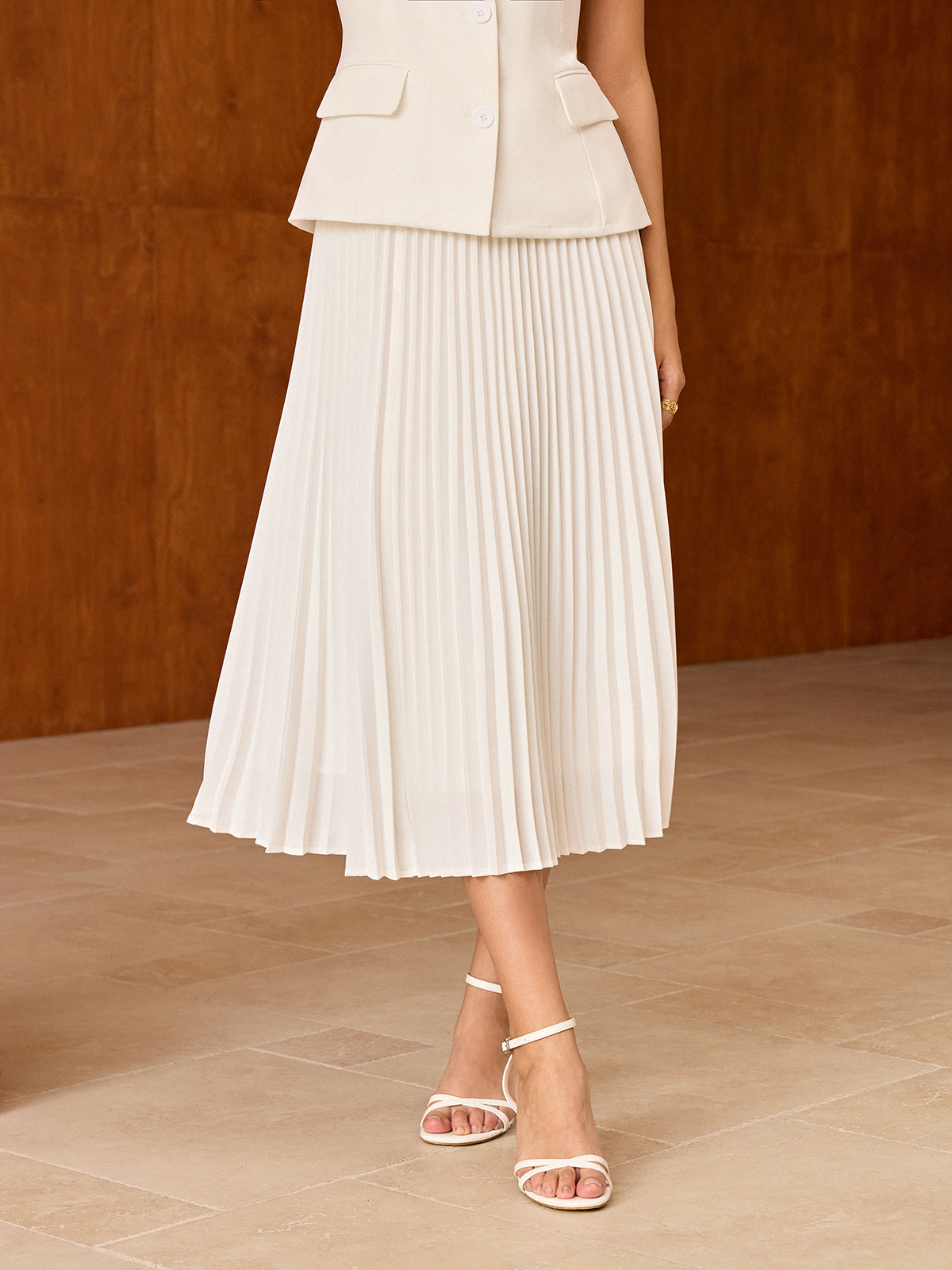 Elasticated Waist Pleated Midi Skirt-Chicvia