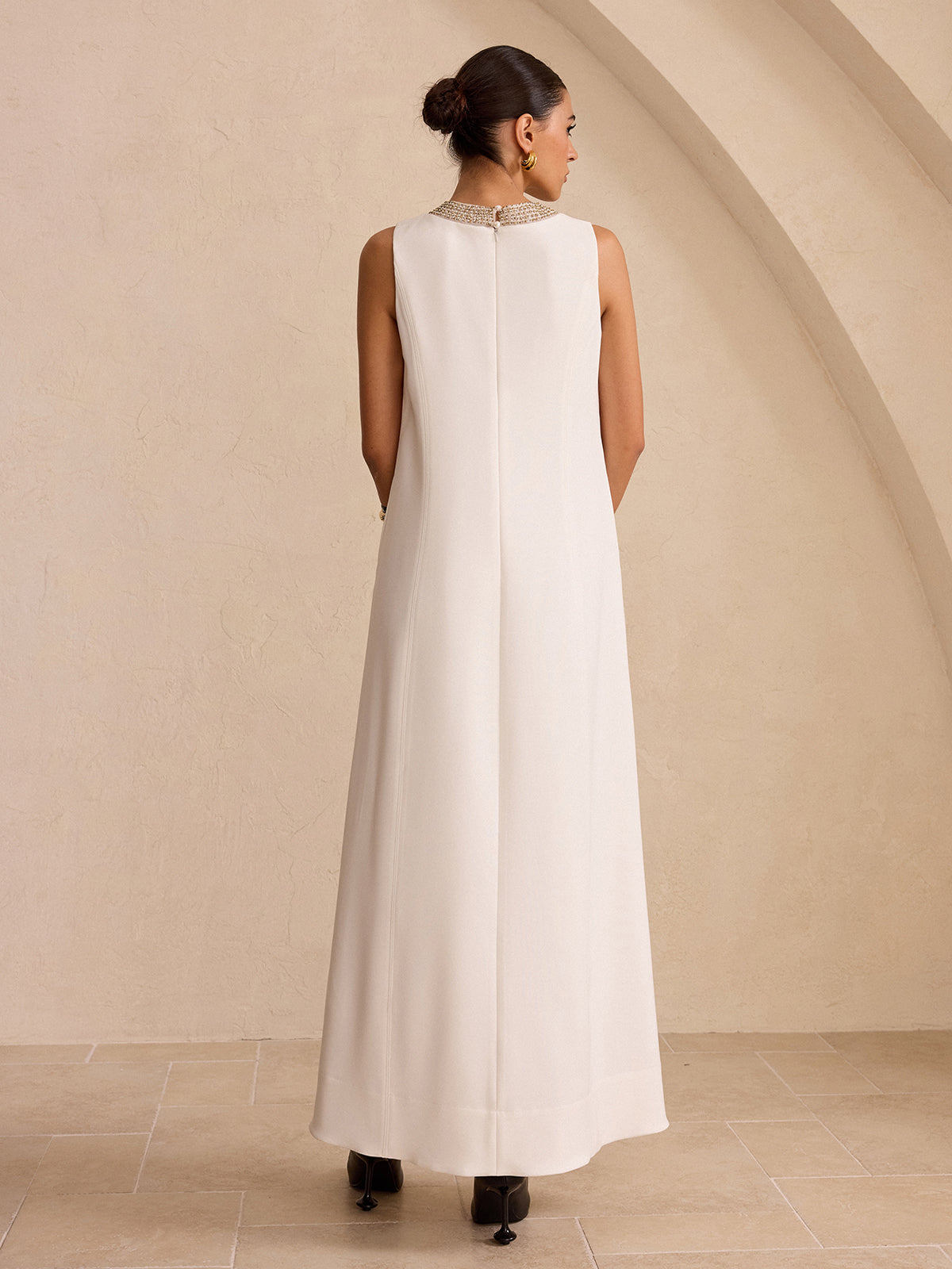 Hand-Beaded Neckline Pocket Maxi Dress-Chicvia