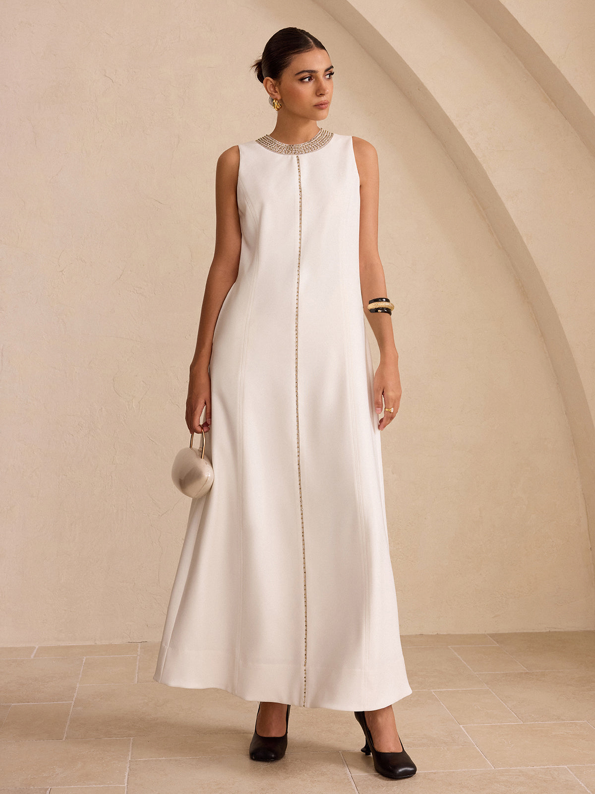 Hand-Beaded Neckline Pocket Maxi Dress-Chicvia