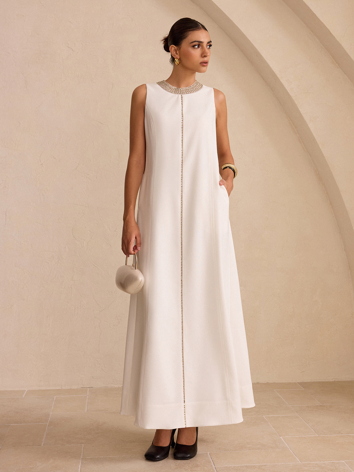 Hand-Beaded Neckline Pocket Maxi Dress-Chicvia