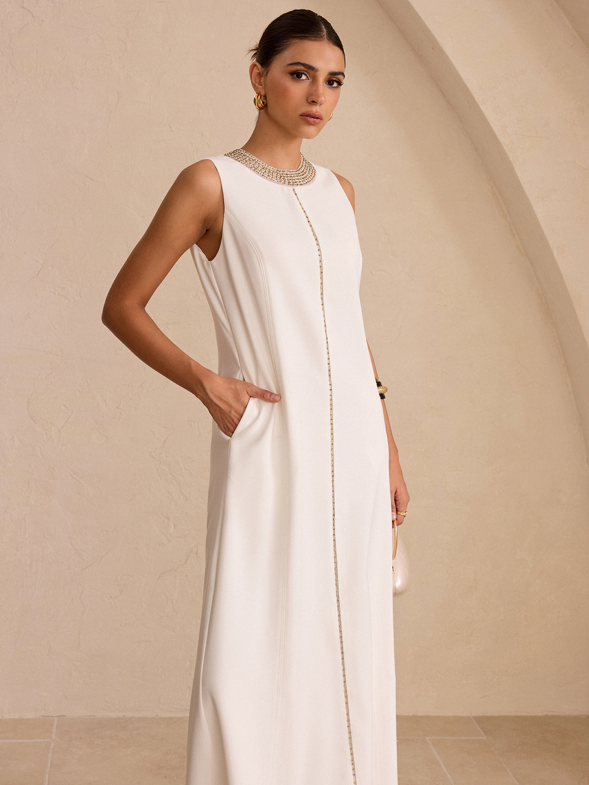 Hand-Beaded Neckline Pocket Maxi Dress-Chicvia