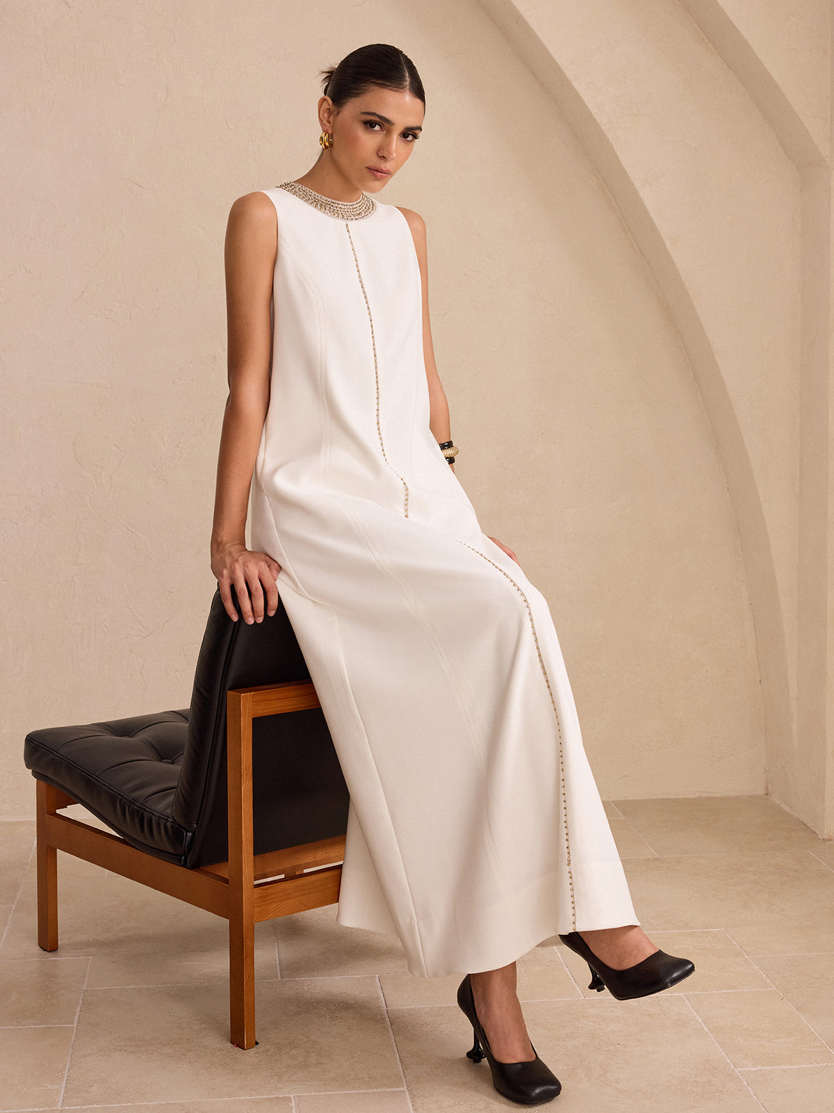 Hand-Beaded Neckline Pocket Maxi Dress-Chicvia