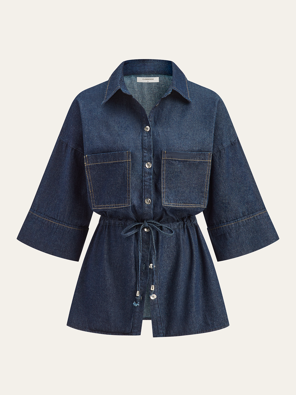 Long Denim Shirt with Drawstring Waist-Chicvia