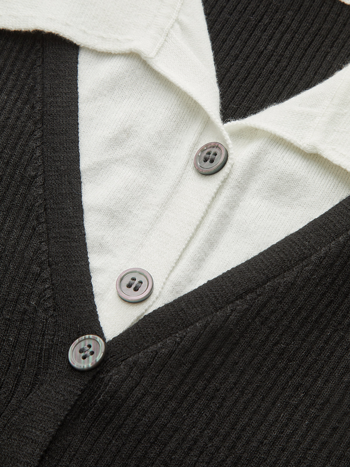 Contrast Collar Ribbed Knit Cardigan-Chicvia