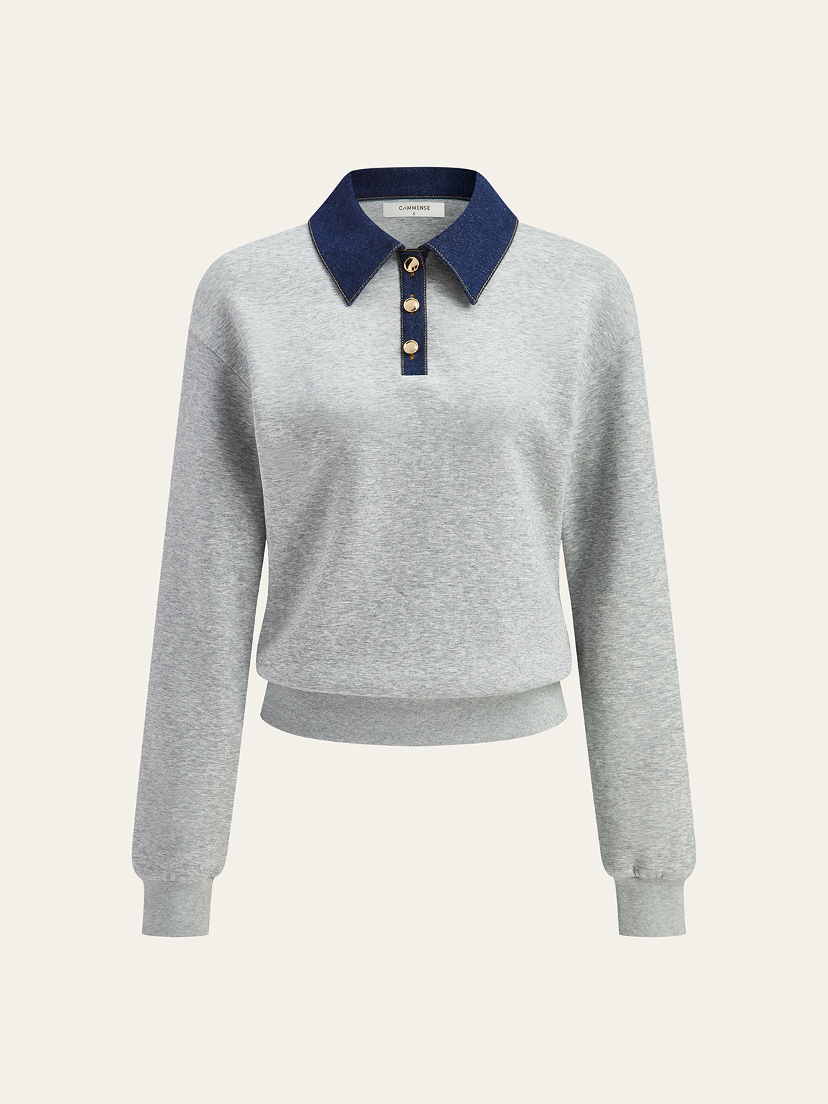 Denim Collar Metal Button Polo Sweatshirt-Chicvia