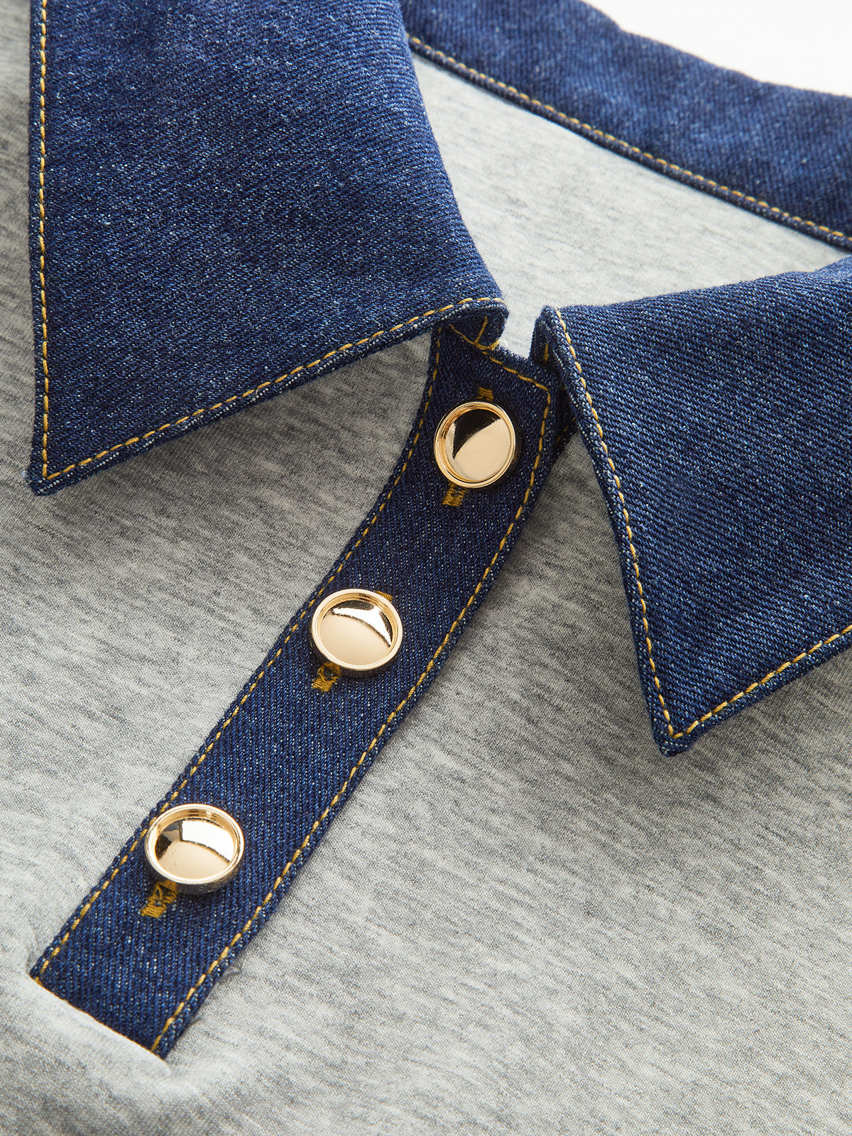 Denim Collar Metal Button Polo Sweatshirt-Chicvia