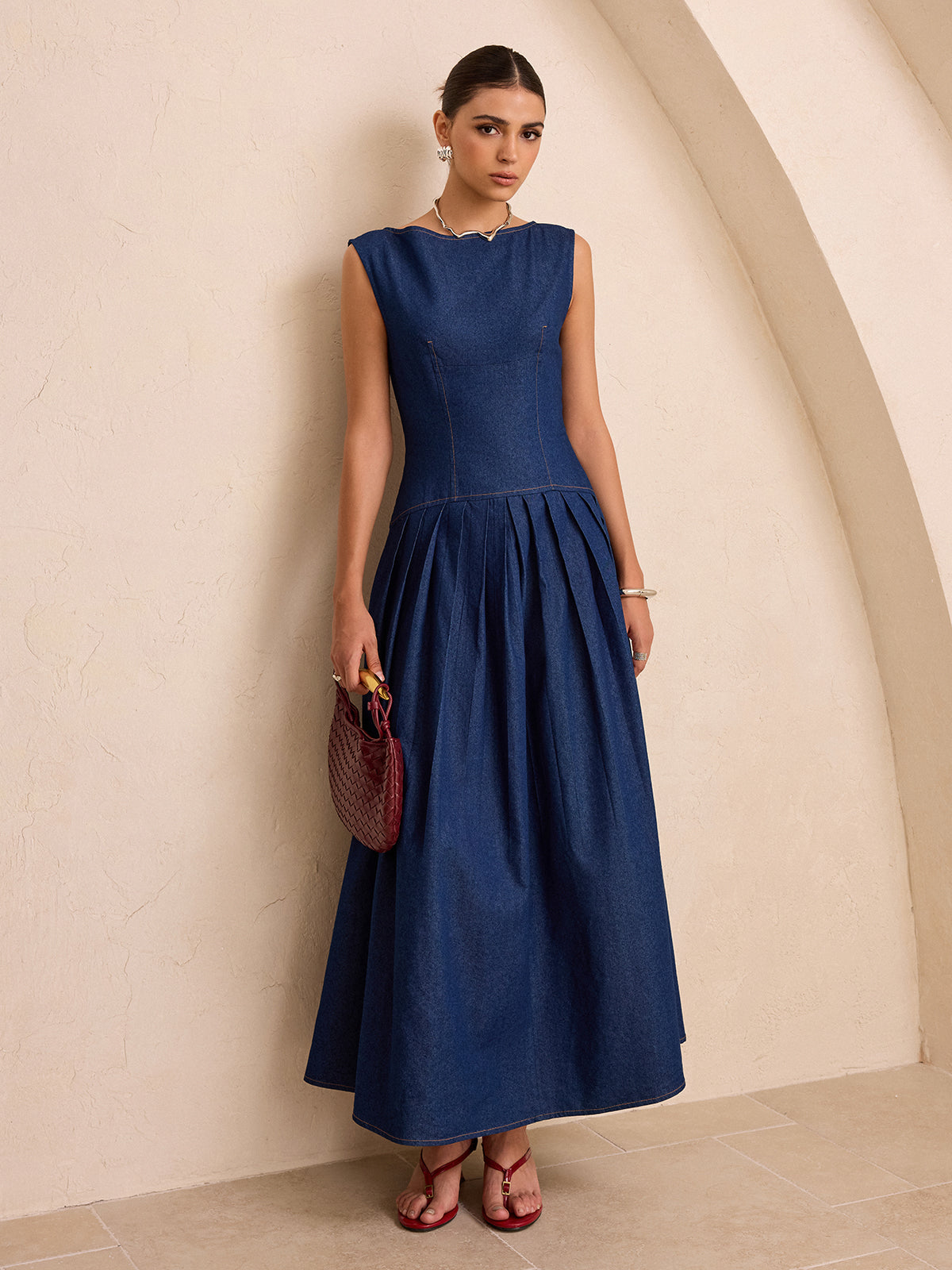 Faux Denim Sleeveless Pleated Maxi Dress-Chicvia