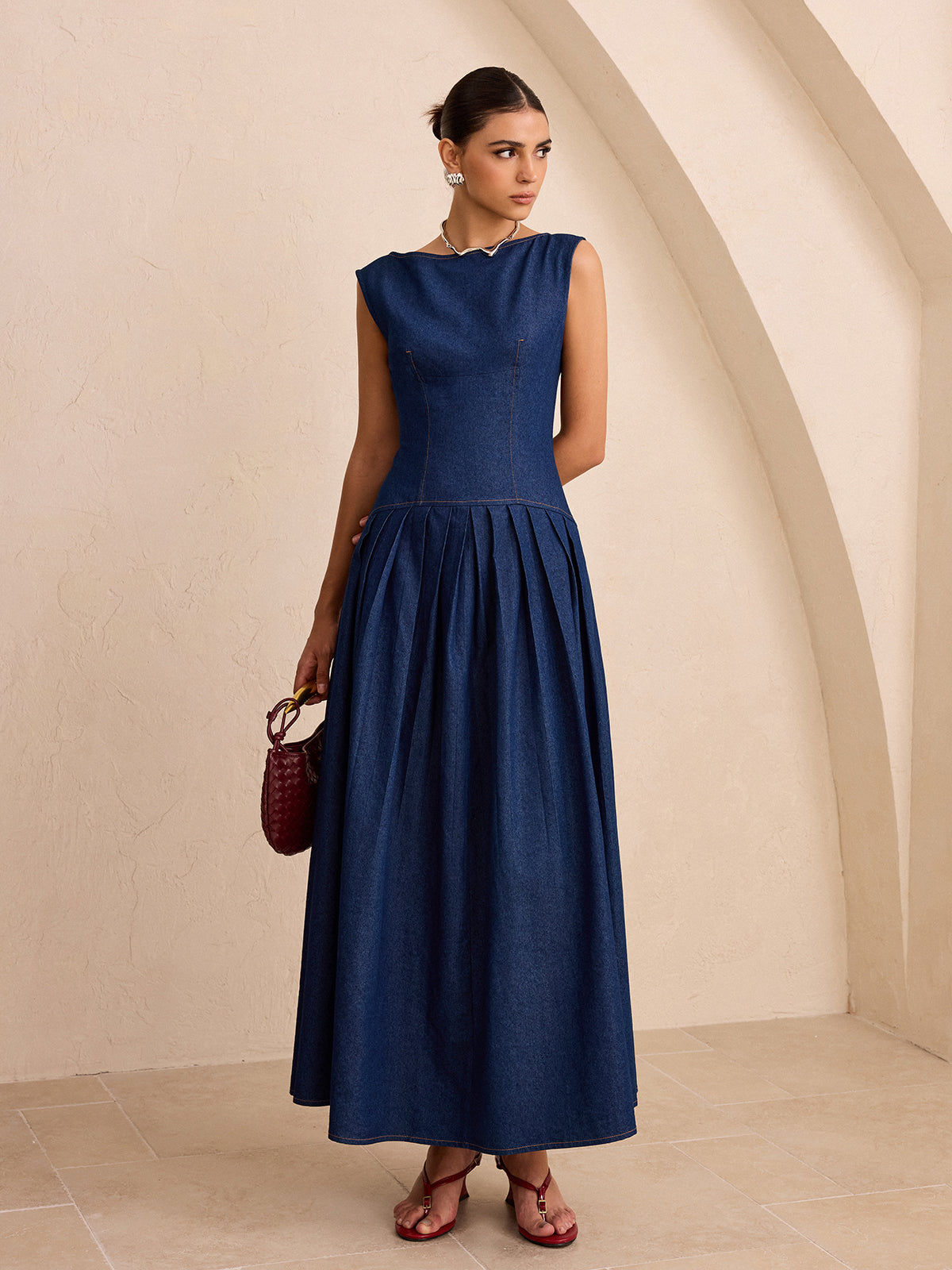 Faux Denim Sleeveless Pleated Maxi Dress-Chicvia