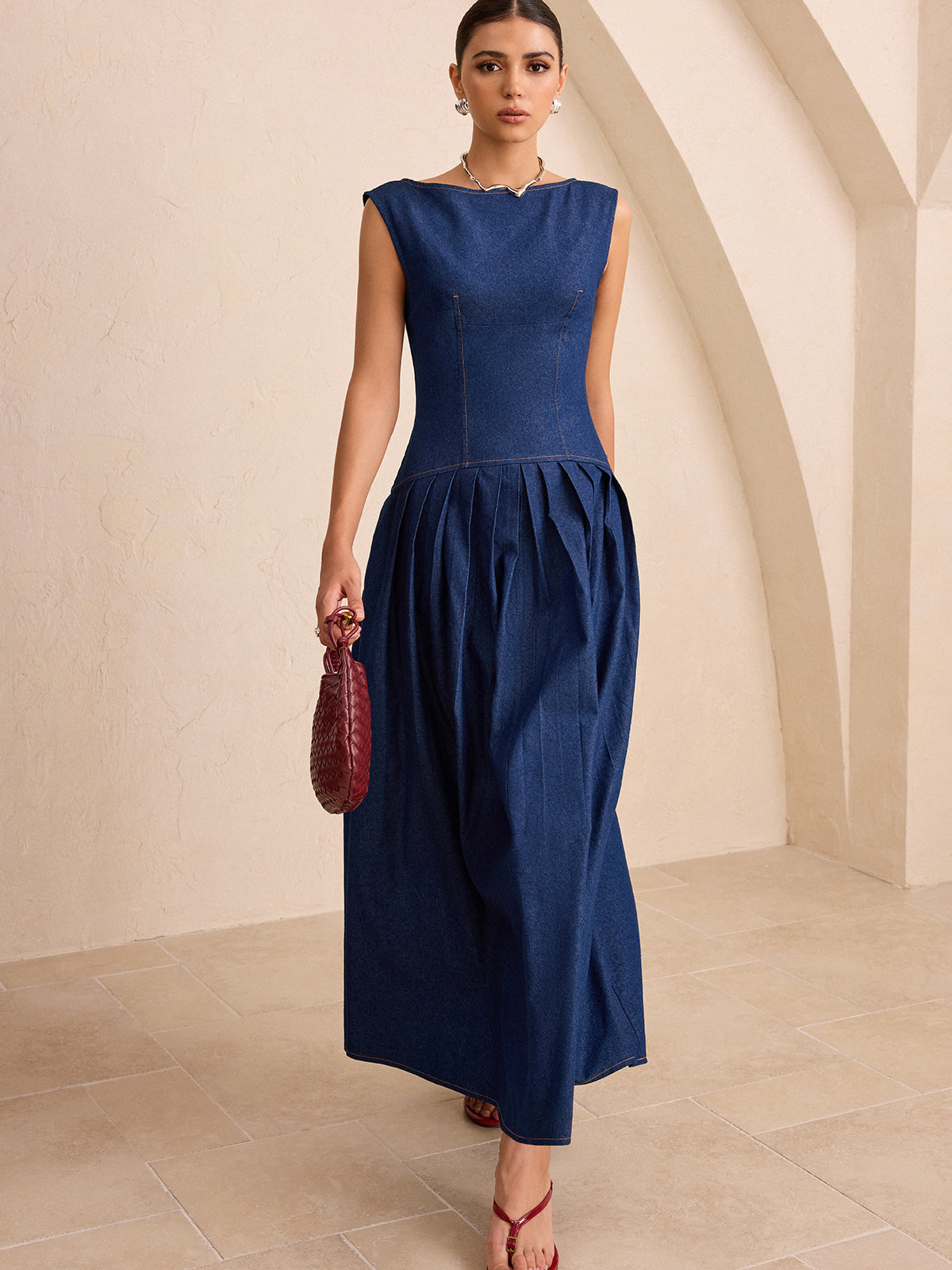 Faux Denim Sleeveless Pleated Maxi Dress-Chicvia