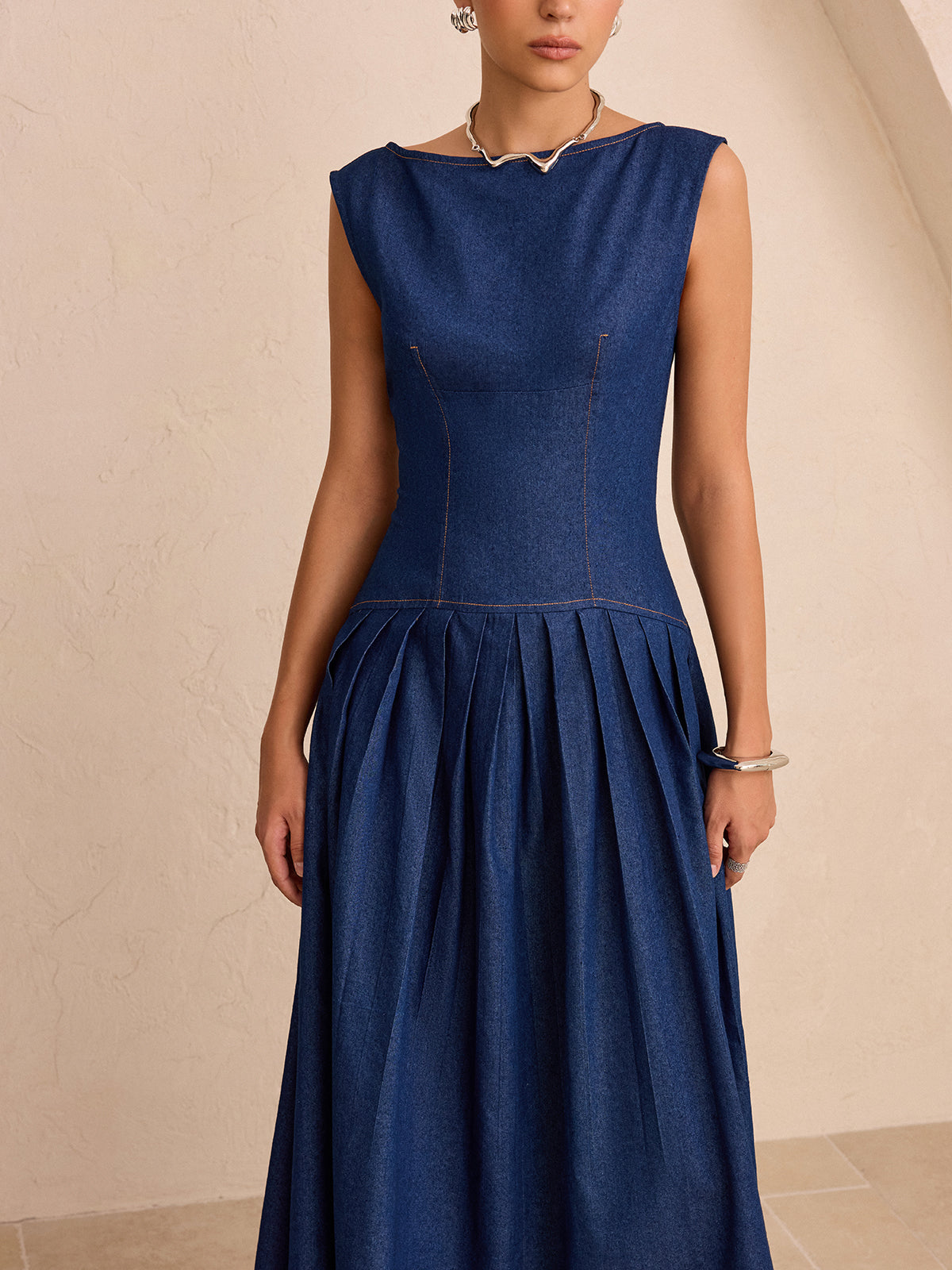 Faux Denim Sleeveless Pleated Maxi Dress-Chicvia