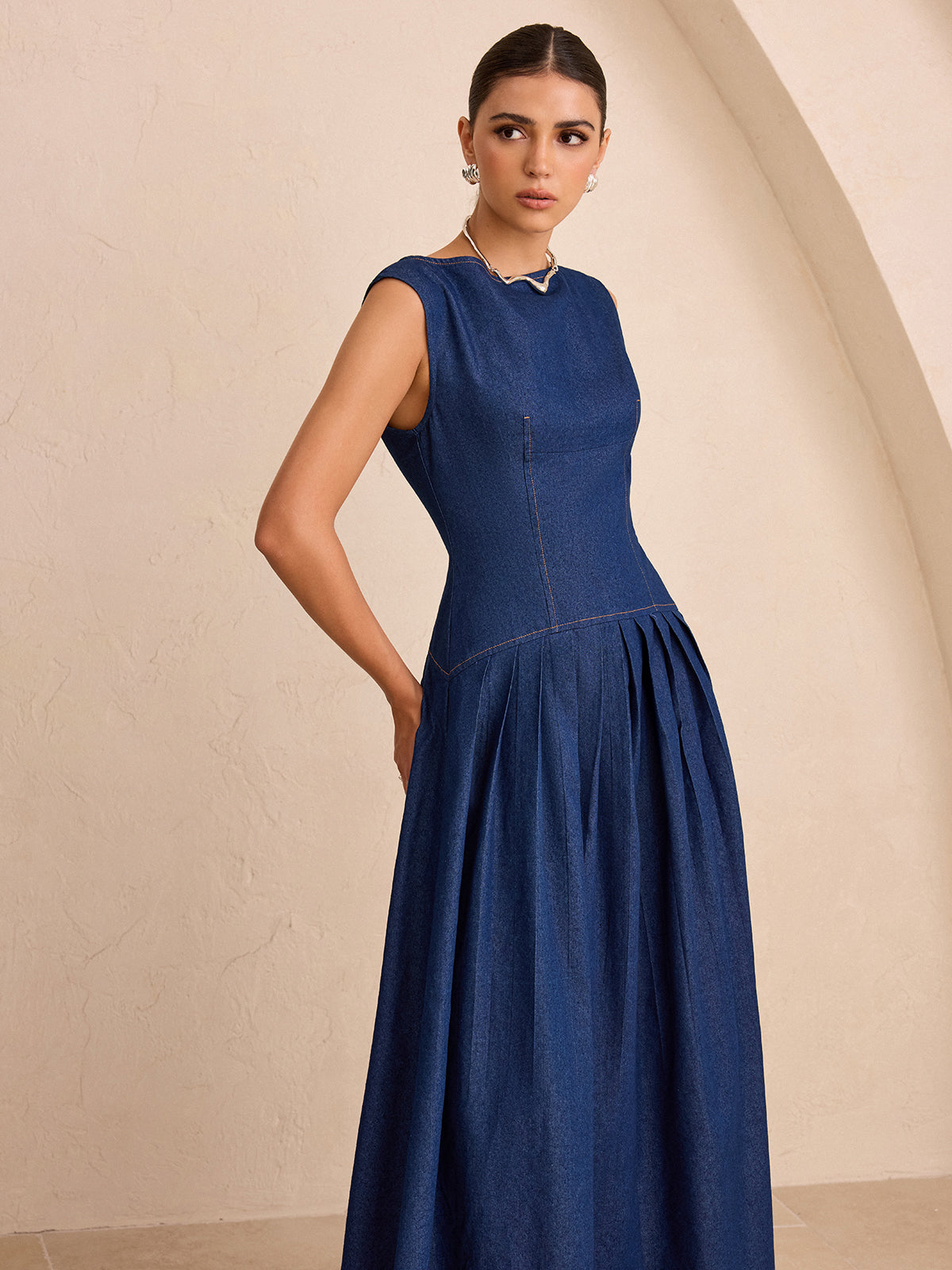 Faux Denim Sleeveless Pleated Maxi Dress-Chicvia