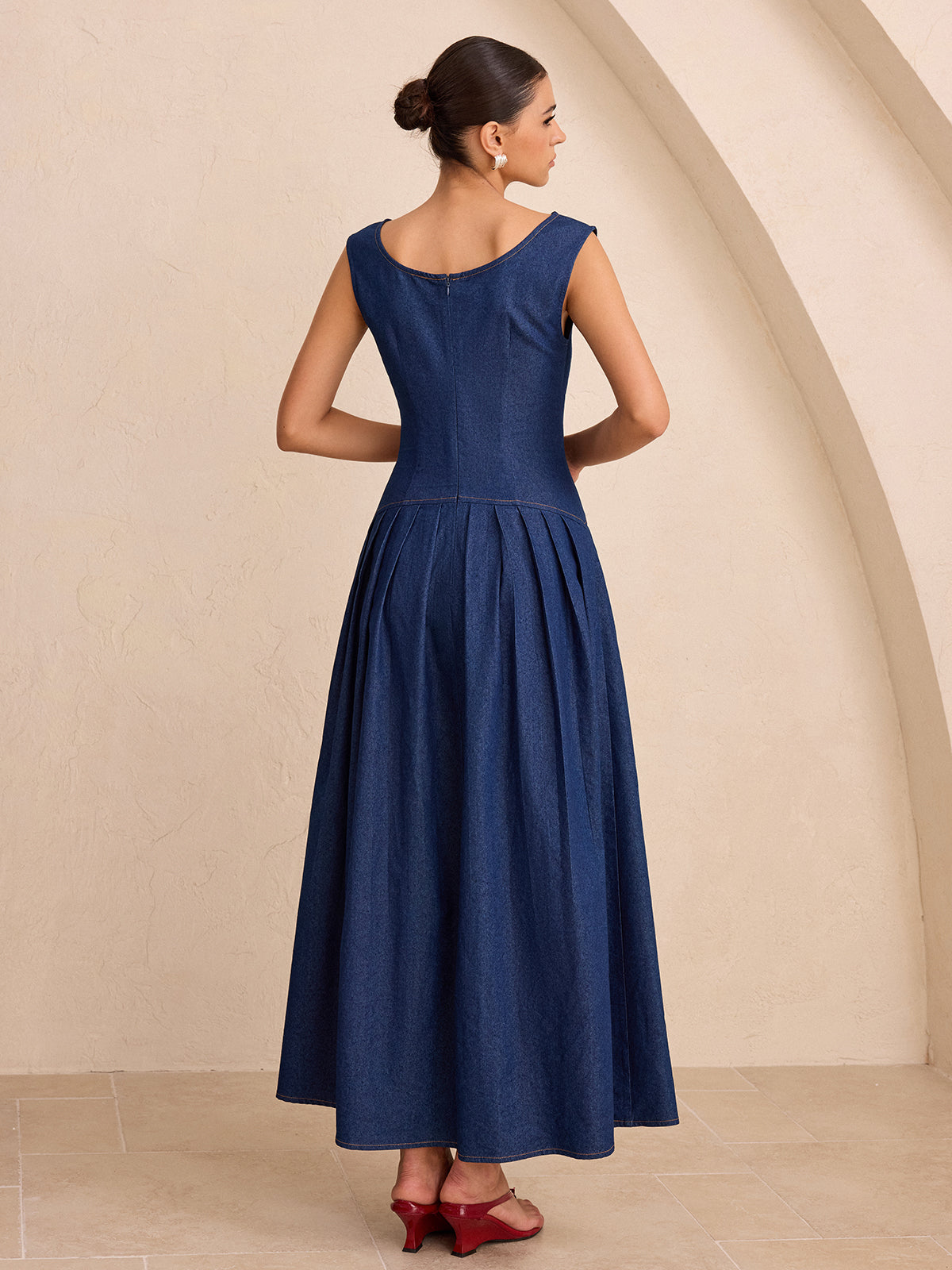 Faux Denim Sleeveless Pleated Maxi Dress-Chicvia
