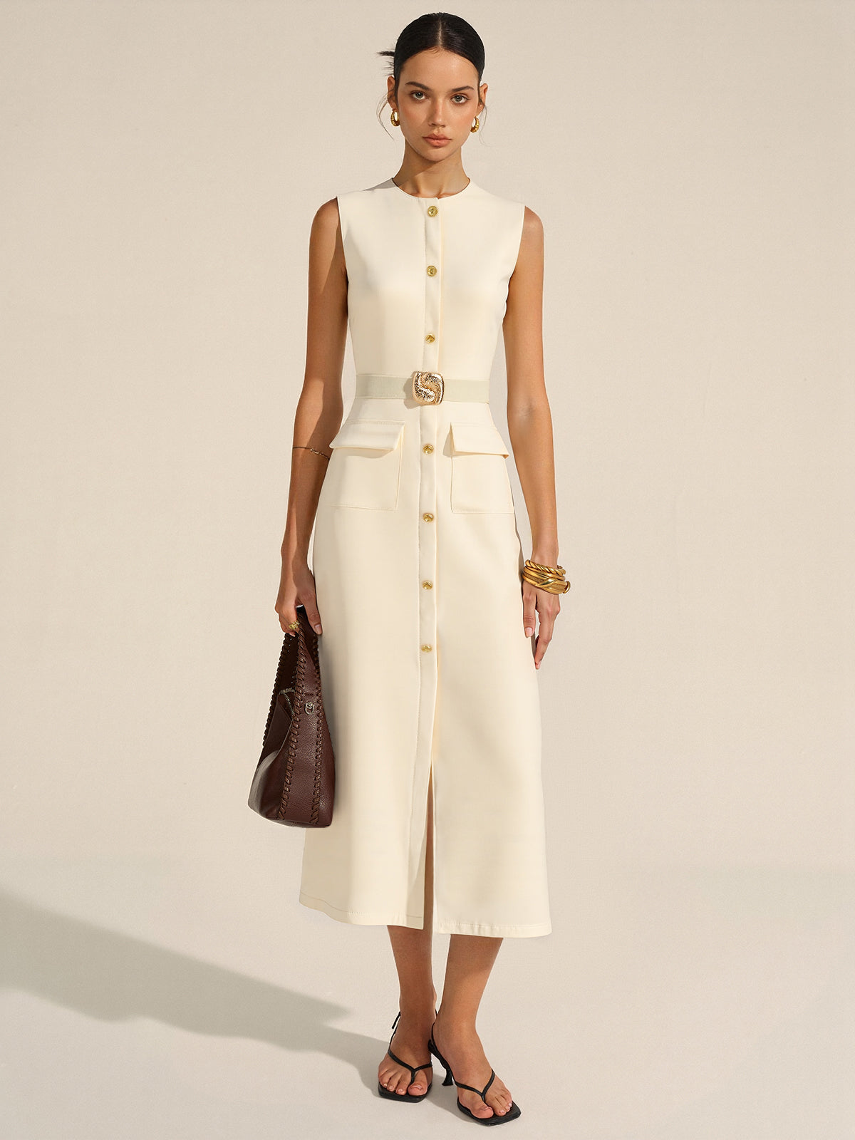 Button-Front Belted Maxi Dress-Chicvia